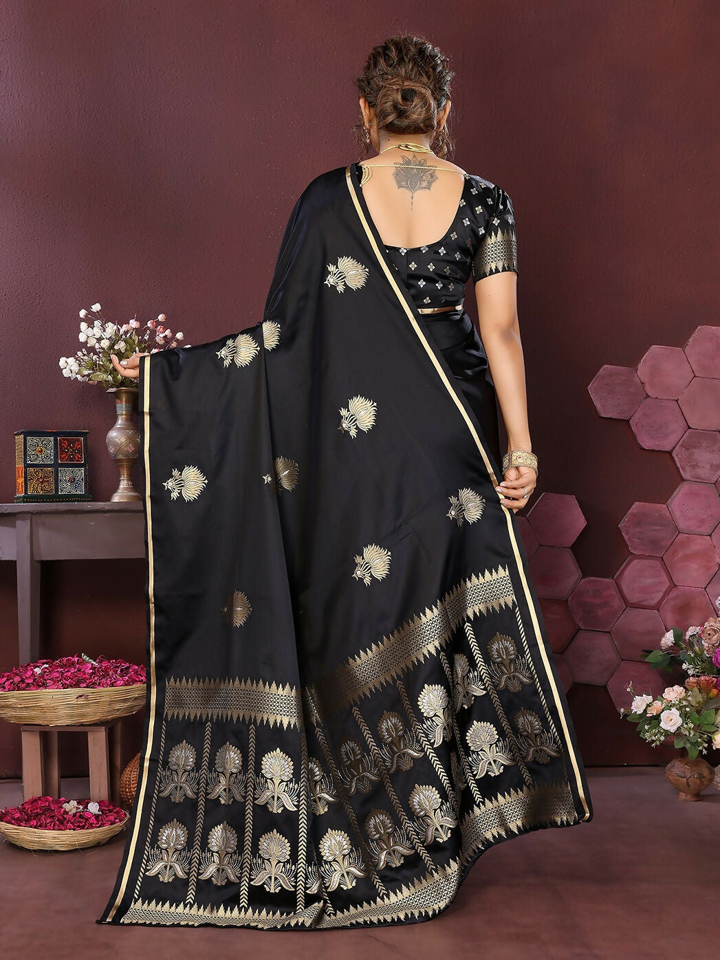 Joban Fashion Black Floral Motifs Banarasi Silk Sarees | Grocsy