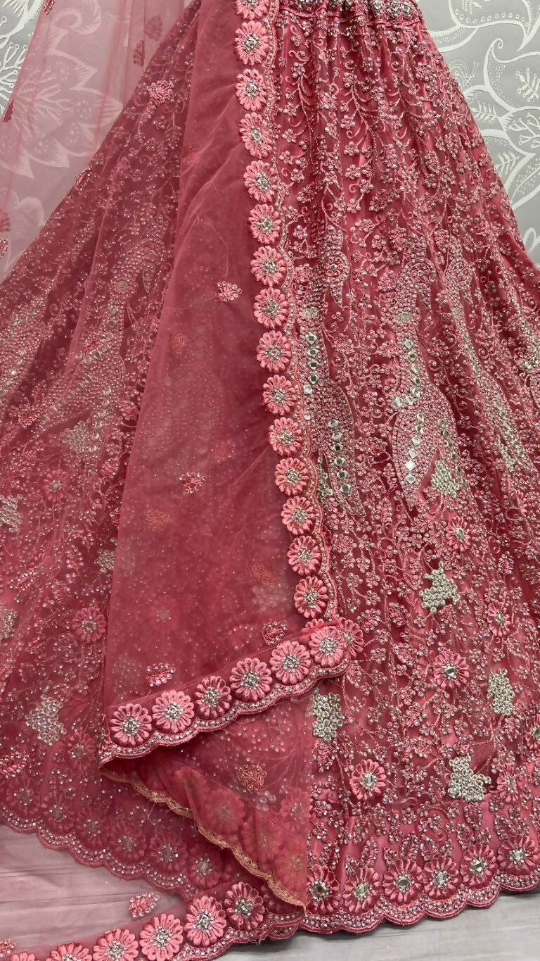 Jyoti Fashion Women's Pink Bridal Net Fancy Dori, Multi Thread, Hand Mirror and Diamond Work Wedding Lehenga Choli | Grocsy