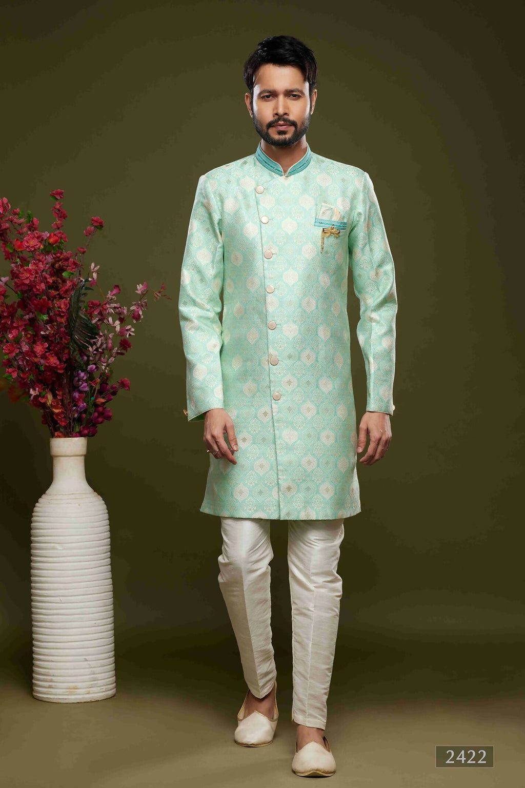 Raivat Ethnic Banarasi Jacquard Embroidery Semi Indo Western Sherwani In Pista Green Colour | Grocsy