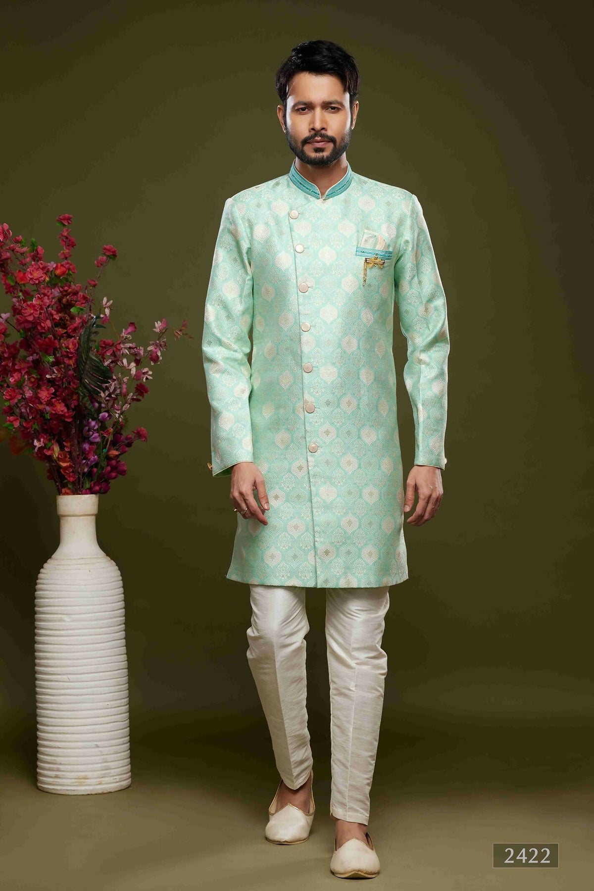 Raivat Ethnic Banarasi Jacquard Embroidery Semi Indo Western Sherwani In Pista Green Colour | Grocsy