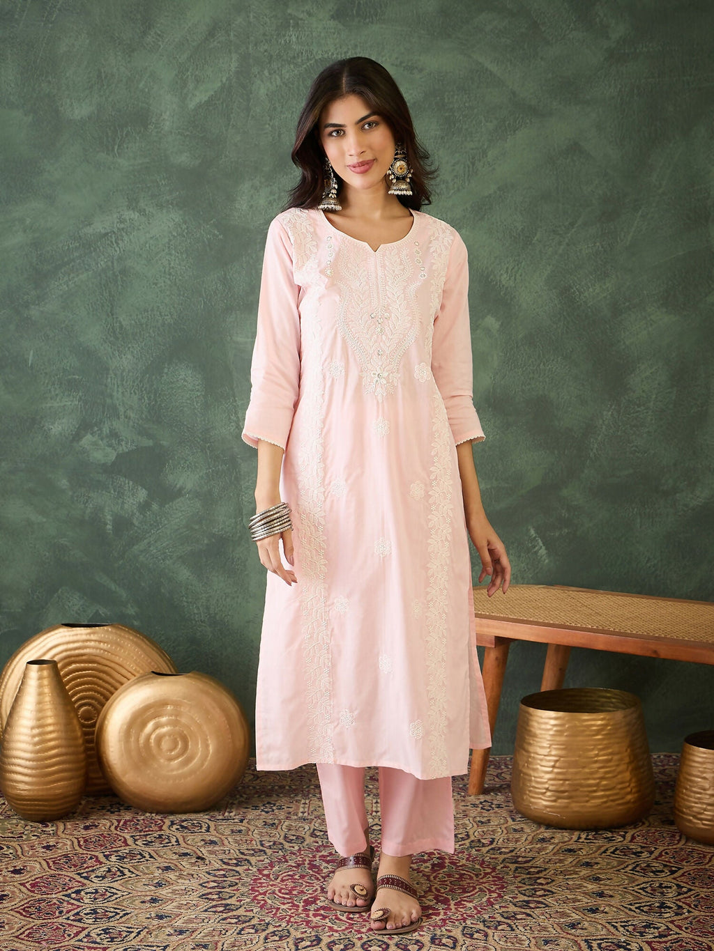 The52 Baby pink Women's Gorgeous Cotton Blend Fabric Thread Work Straight Kurta, Pant and Dupatta Set | Grocsy