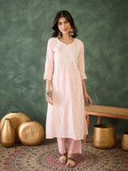 The52 Baby pink Women's Gorgeous Cotton Blend Fabric Thread Work Straight Kurta, Pant and Dupatta Set | Grocsy