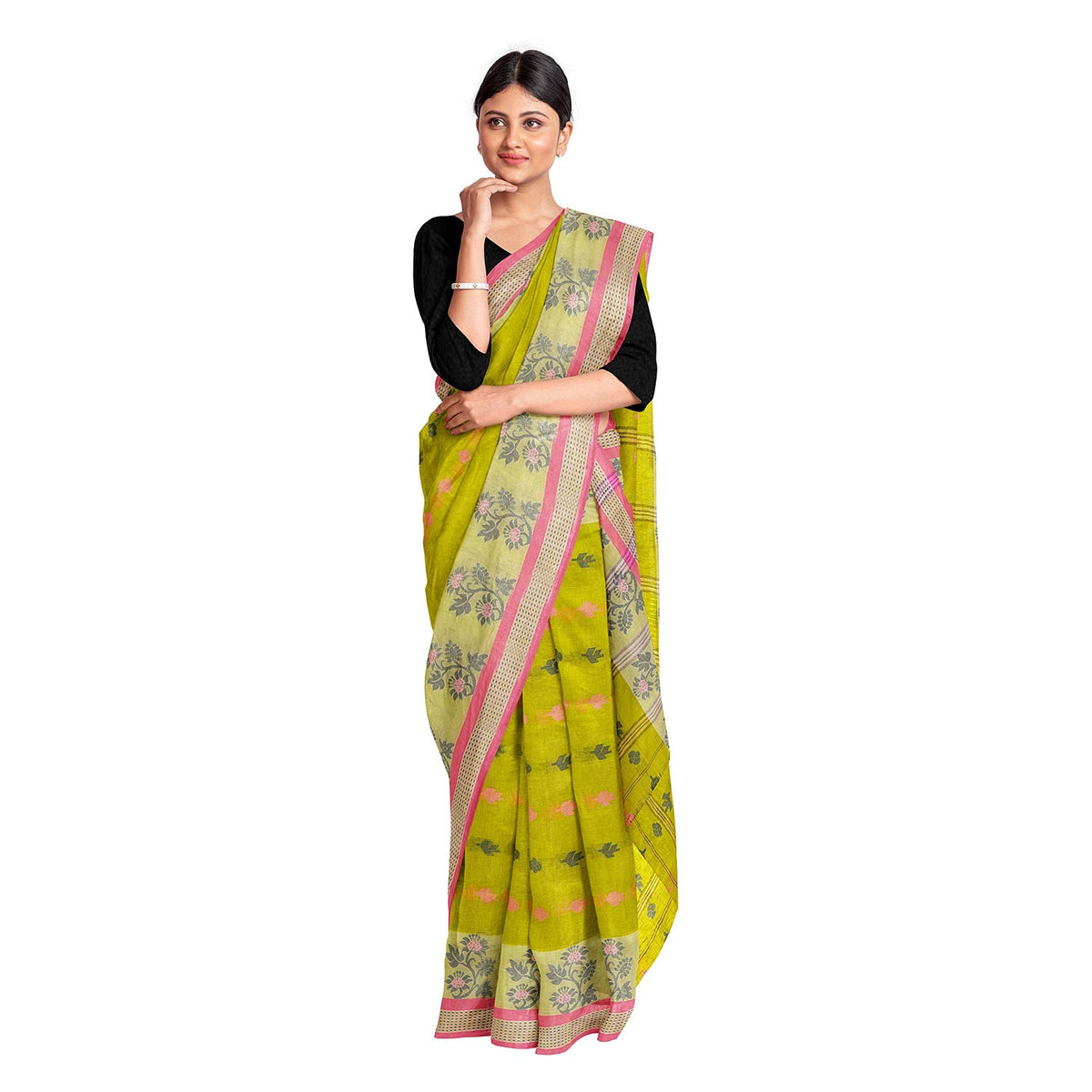 Exclusive Collection 100% Pure Cotton Olive Tant Saree With Hand Weaving Work | Grocsy