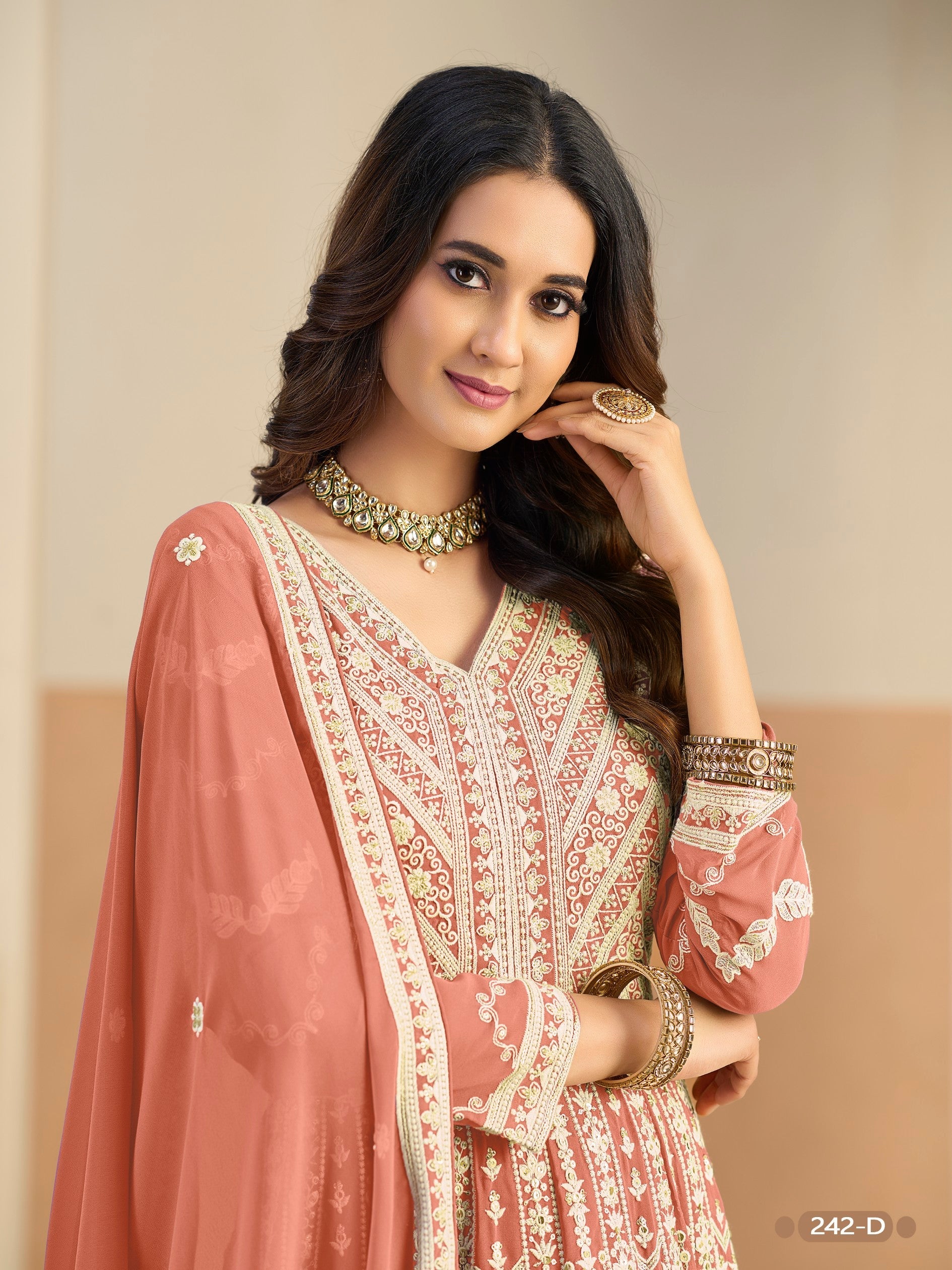 Anaita Light Orange Heavy Embroidered Faux Georgette Anarkali Suit With Salwar | Grocsy