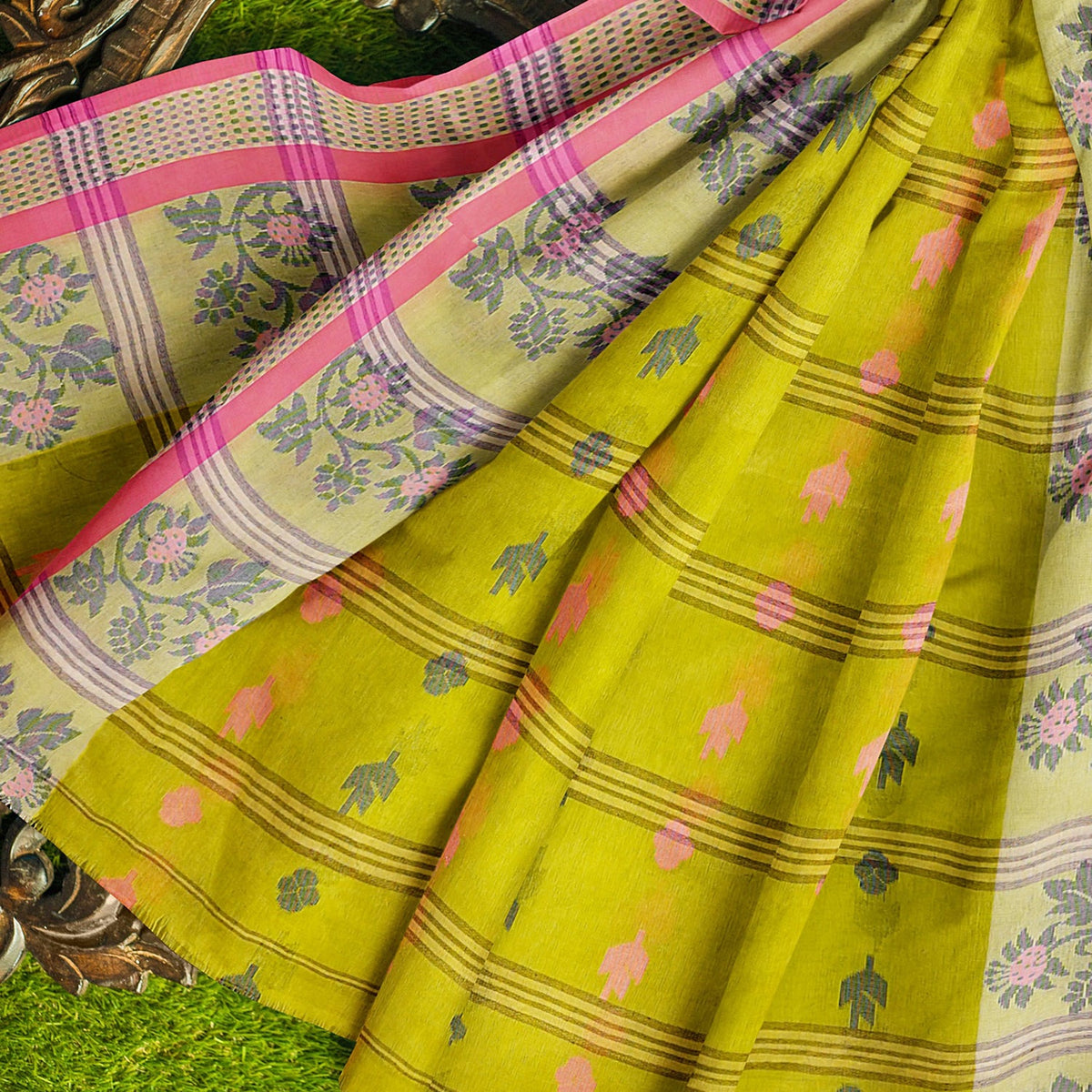 Exclusive Collection 100% Pure Cotton Olive Tant Saree With Hand Weaving Work | Grocsy