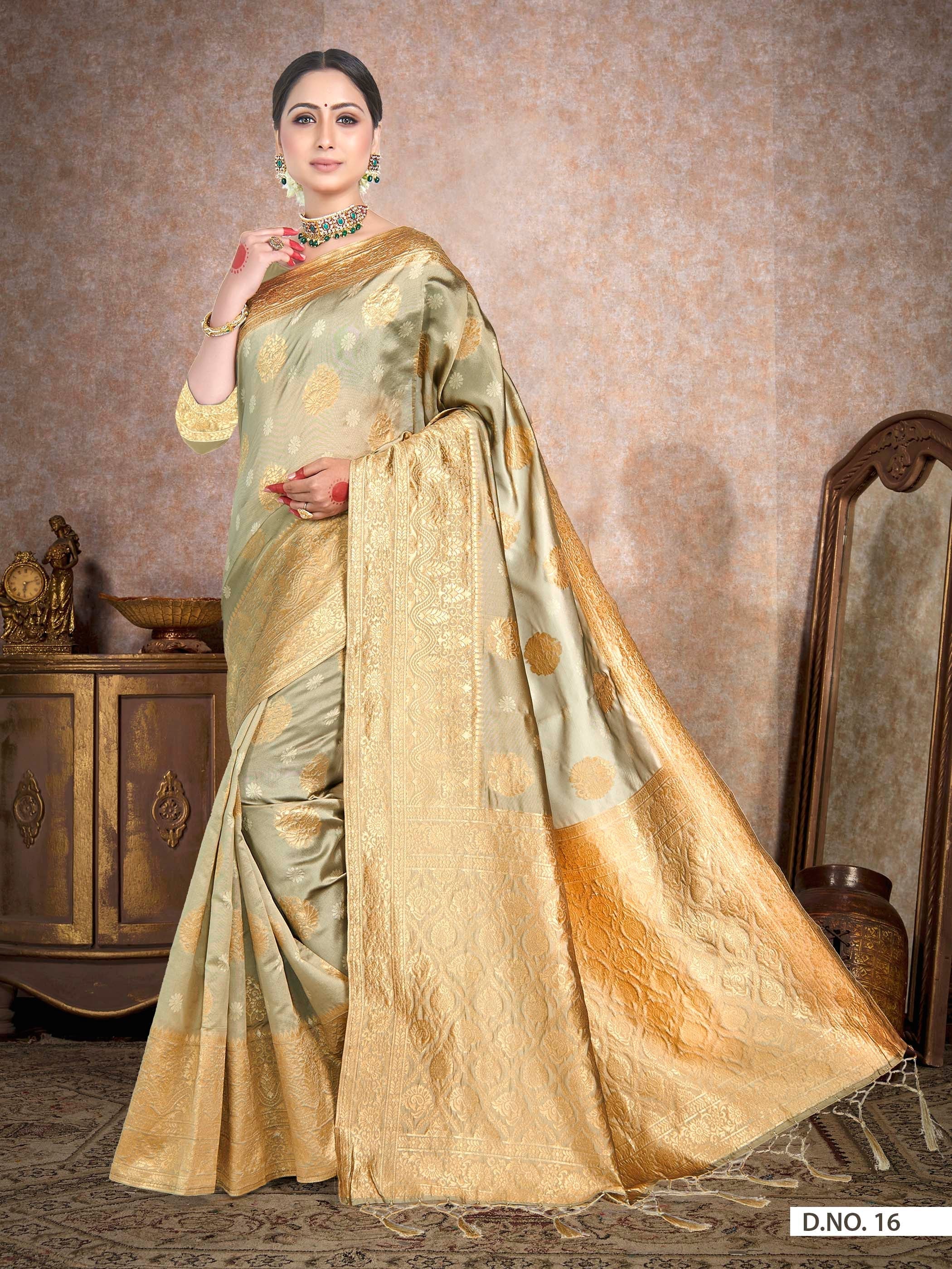 Vardha Oyster Yellow Woven Banarasi Saree | Grocsy