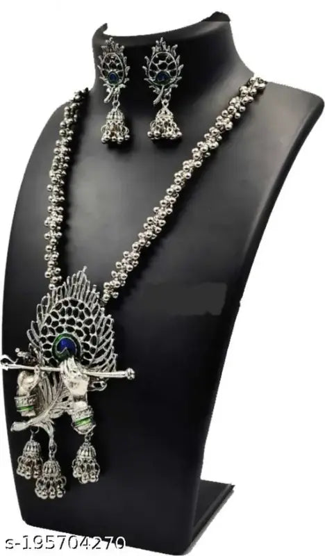 Tehzeeb Creations Women's Silver Colour Oxidised Necklace And Earring Bansuri Design | Grocsy