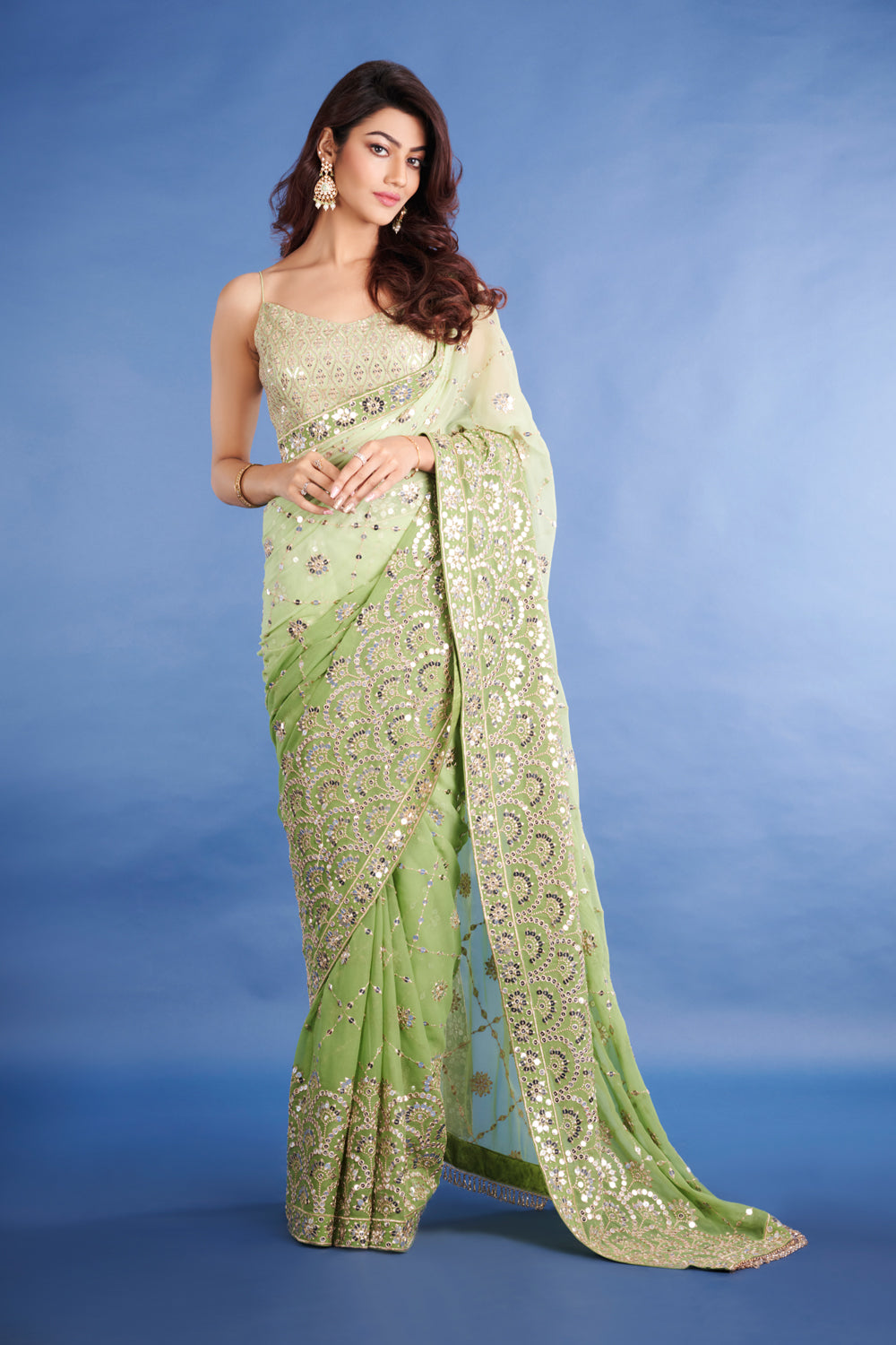 Teeya Creation Mahendi Color Georgette Embroidery Work Saree | Grocsy
