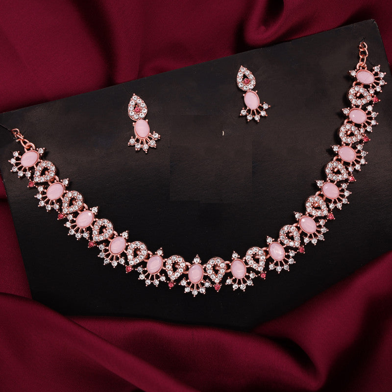 Tehzeeb Creations Baby Pink Colour Ad Studded Necklace Jewellery Set With Matching Earrings For Women And Girls | Grocsy