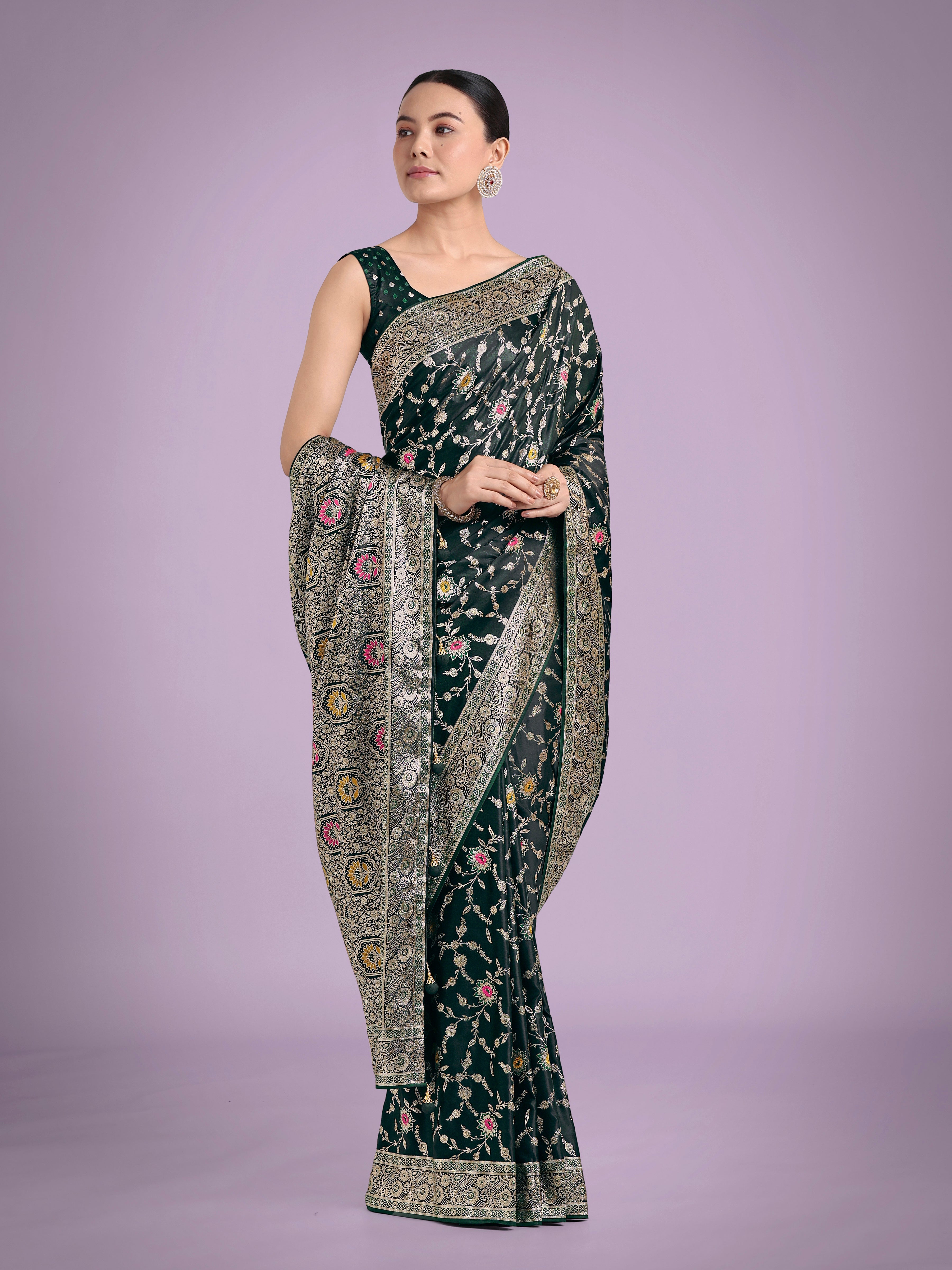 Monjolika Fashion Dark Green Zari Woven Banarasi Classic Satin Silk Saree | Grocsy