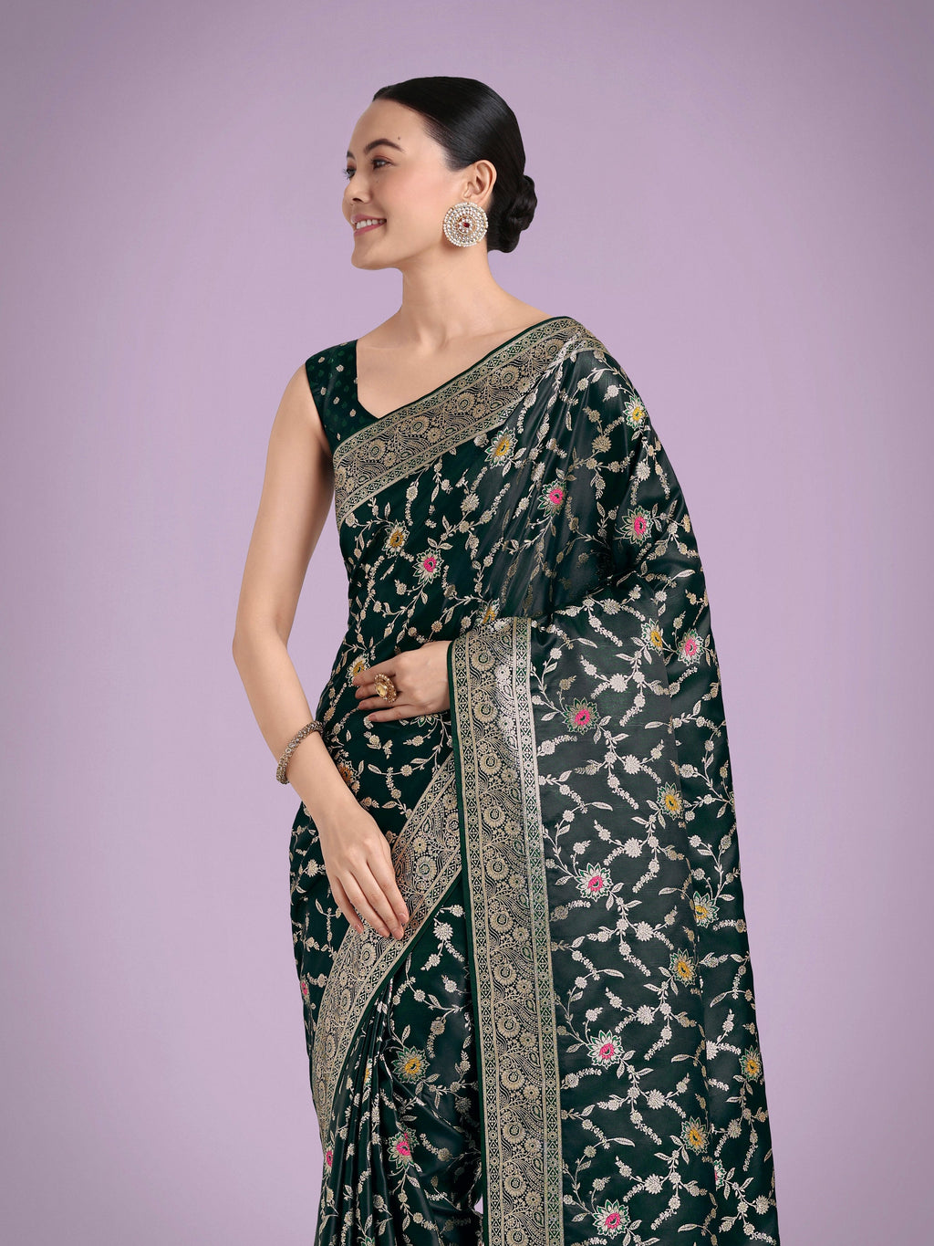 Monjolika Fashion Dark Green Zari Woven Banarasi Classic Satin Silk Saree | Grocsy