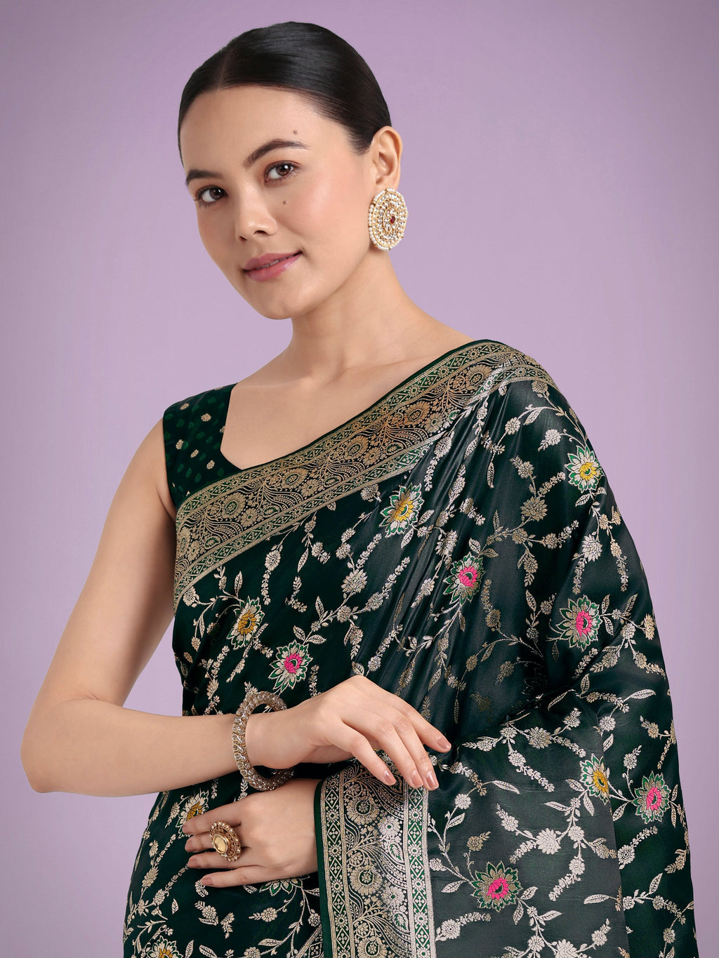 Monjolika Fashion Dark Green Zari Woven Banarasi Classic Satin Silk Saree | Grocsy