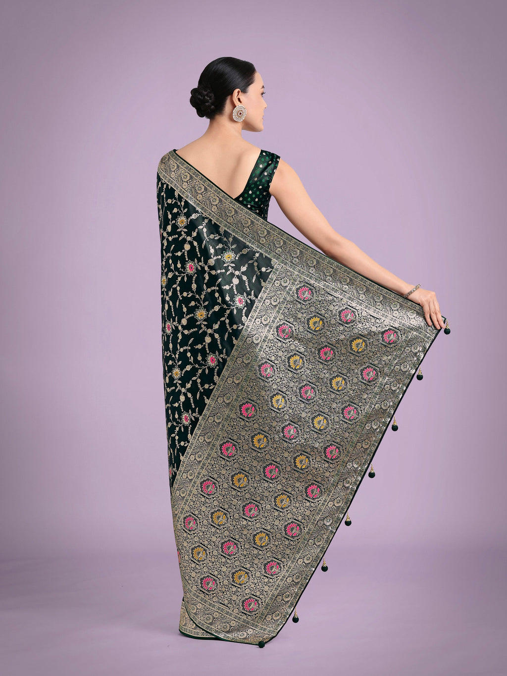 Monjolika Fashion Dark Green Zari Woven Banarasi Classic Satin Silk Saree | Grocsy