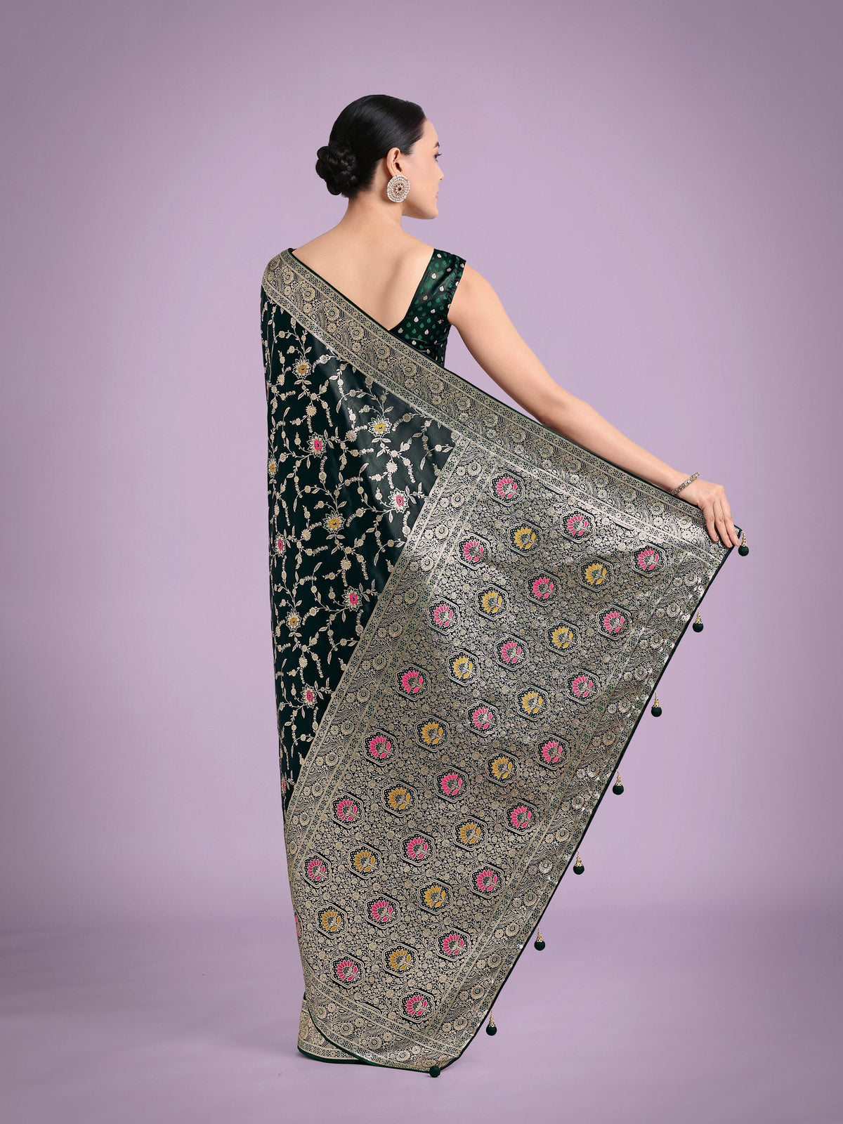 Monjolika Fashion Dark Green Zari Woven Banarasi Classic Satin Silk Saree | Grocsy