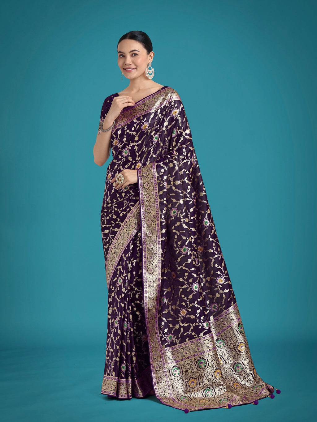 Monjolika Fashion Dark Purple Zari Woven Banarasi Classic Satin Silk Saree | Grocsy