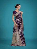 Monjolika Fashion Dark Purple Zari Woven Banarasi Classic Satin Silk Saree | Grocsy