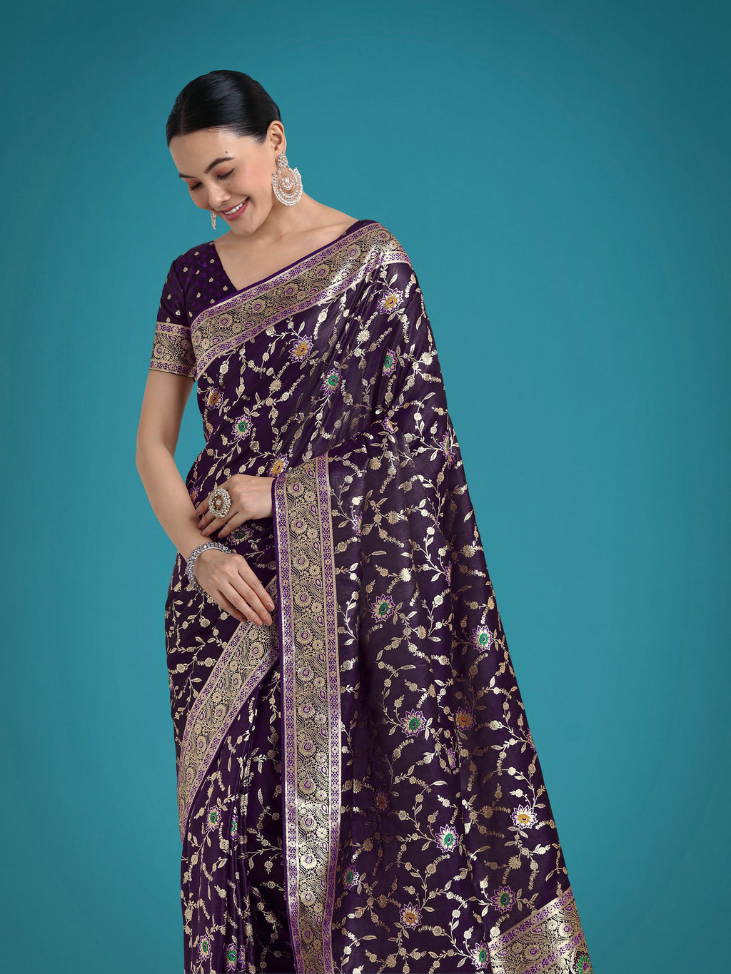 Monjolika Fashion Dark Purple Zari Woven Banarasi Classic Satin Silk Saree | Grocsy