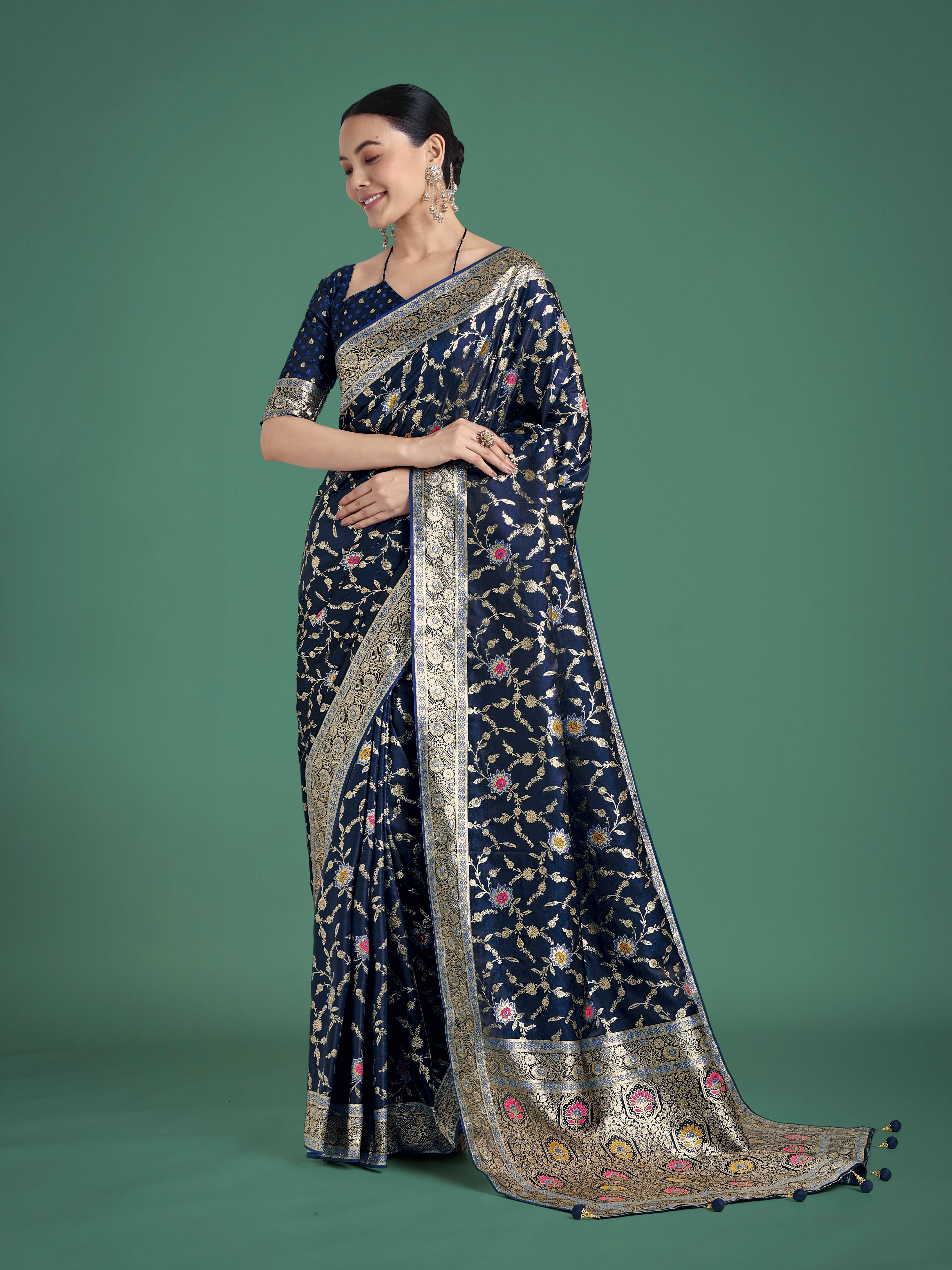 Monjolika Fashion Dark Blue Zari Woven Banarasi Classic Satin Silk Saree | Grocsy