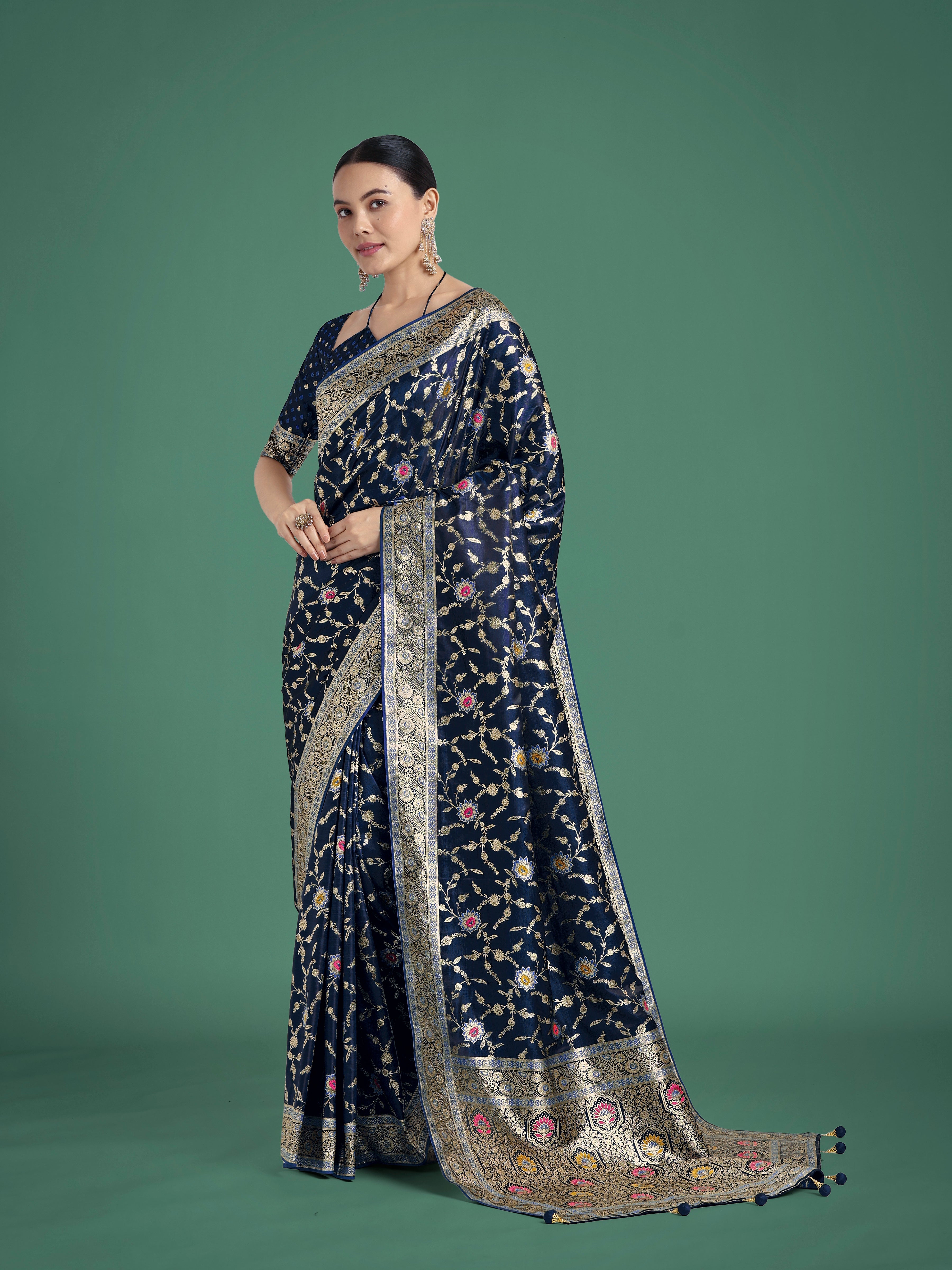 Monjolika Fashion Dark Blue Zari Woven Banarasi Classic Satin Silk Saree | Grocsy