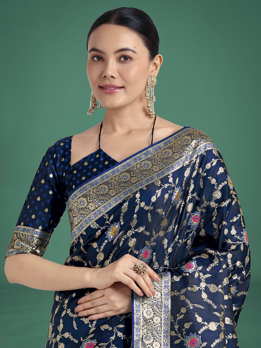 Monjolika Fashion Dark Blue Zari Woven Banarasi Classic Satin Silk Saree | Grocsy