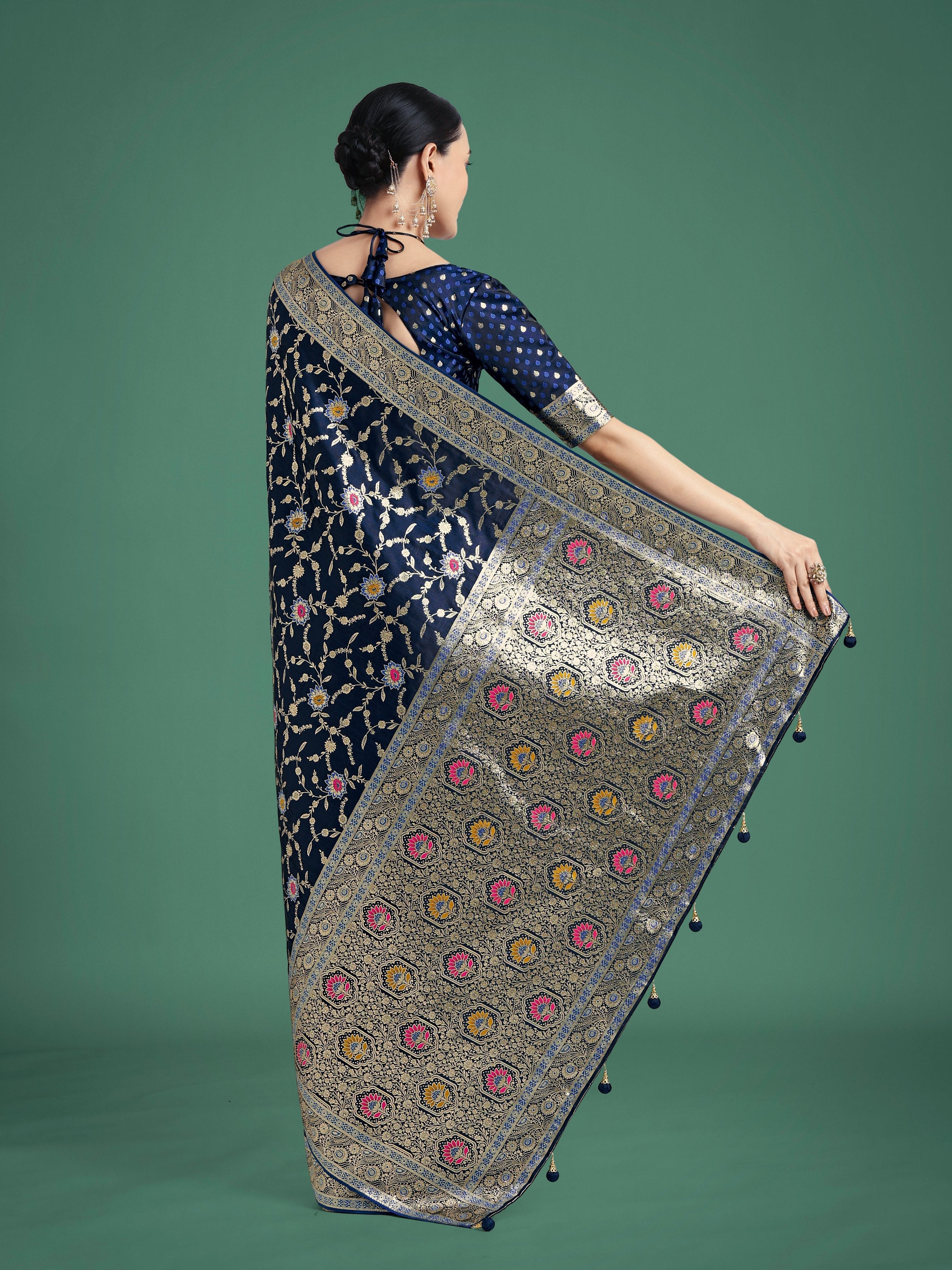 Monjolika Fashion Dark Blue Zari Woven Banarasi Classic Satin Silk Saree | Grocsy