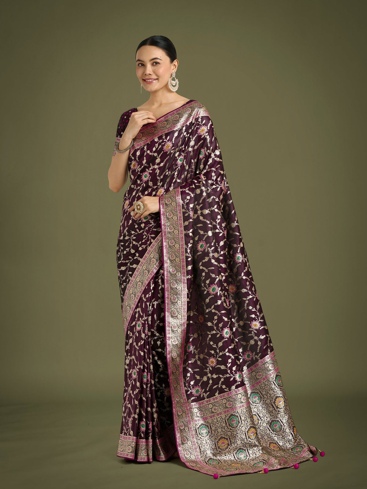 Monjolika Fashion Wine Zari Woven Banarasi Classic Satin Silk Saree | Grocsy