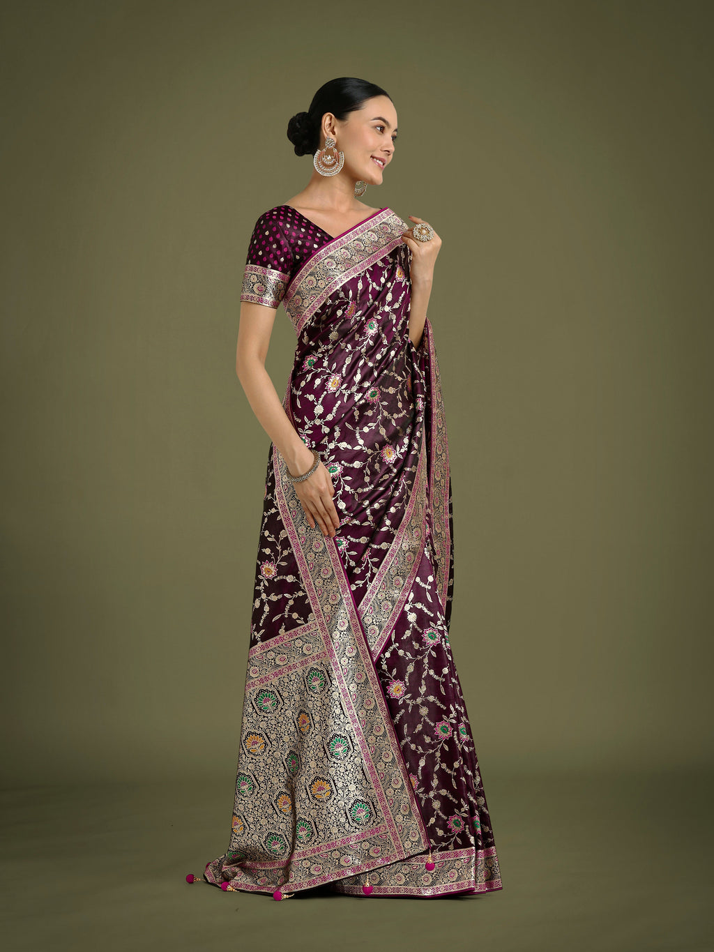 Monjolika Fashion Wine Zari Woven Banarasi Classic Satin Silk Saree | Grocsy