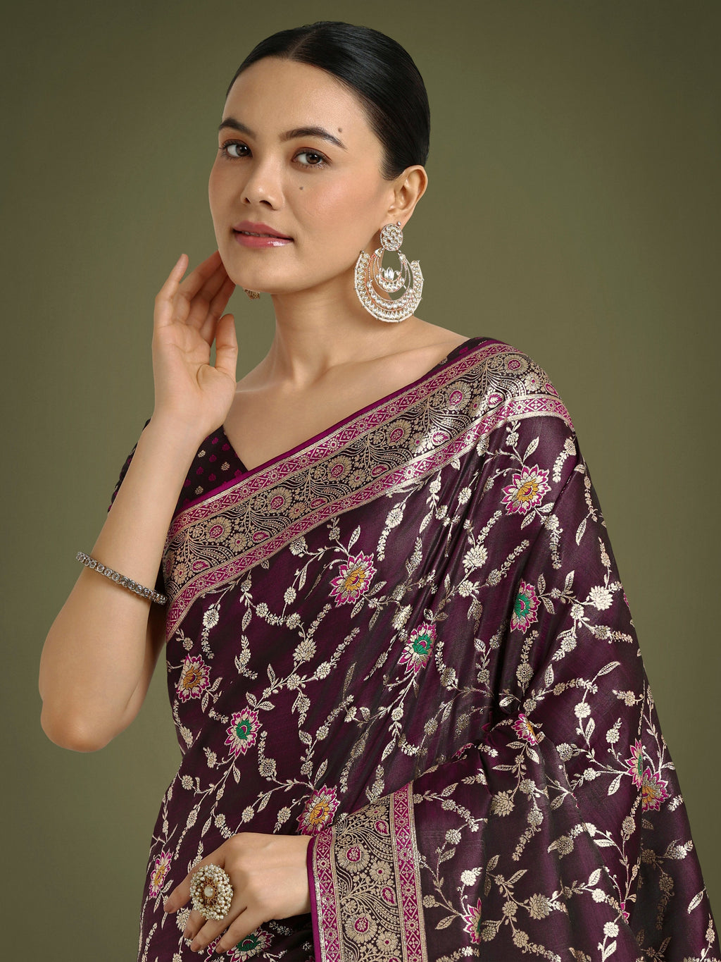 Monjolika Fashion Wine Zari Woven Banarasi Classic Satin Silk Saree | Grocsy