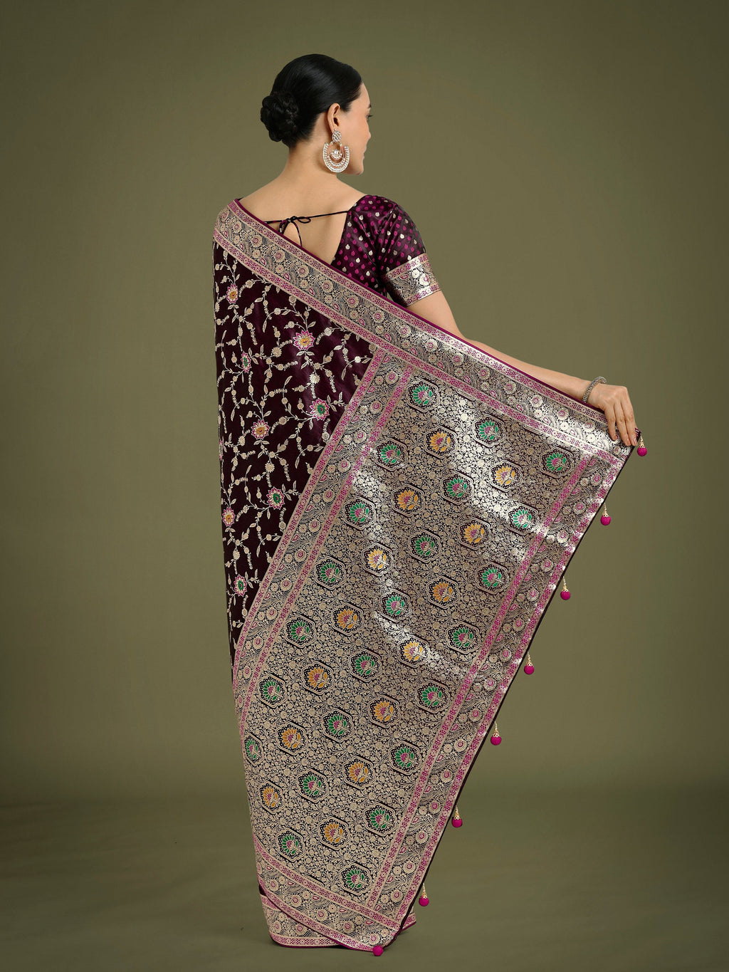 Monjolika Fashion Wine Zari Woven Banarasi Classic Satin Silk Saree | Grocsy
