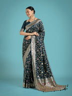 Monjolika Fashion Dark Teal Zari Woven Banarasi Classic Satin Silk Saree | Grocsy