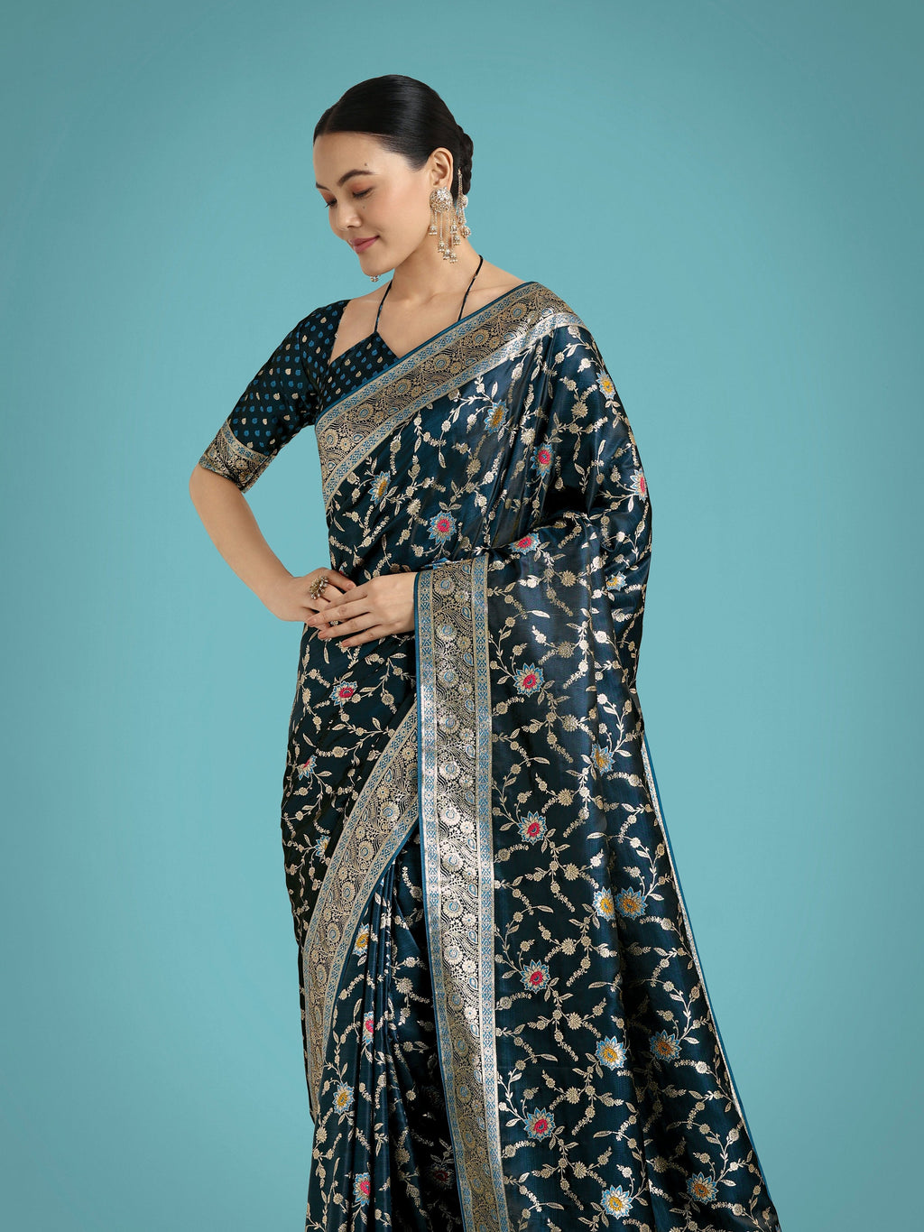 Monjolika Fashion Dark Teal Zari Woven Banarasi Classic Satin Silk Saree | Grocsy