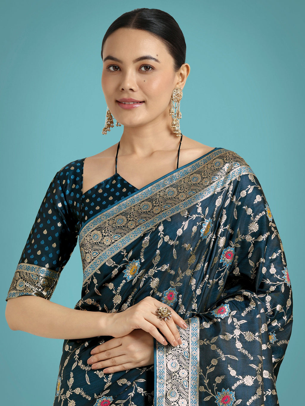 Monjolika Fashion Dark Teal Zari Woven Banarasi Classic Satin Silk Saree | Grocsy