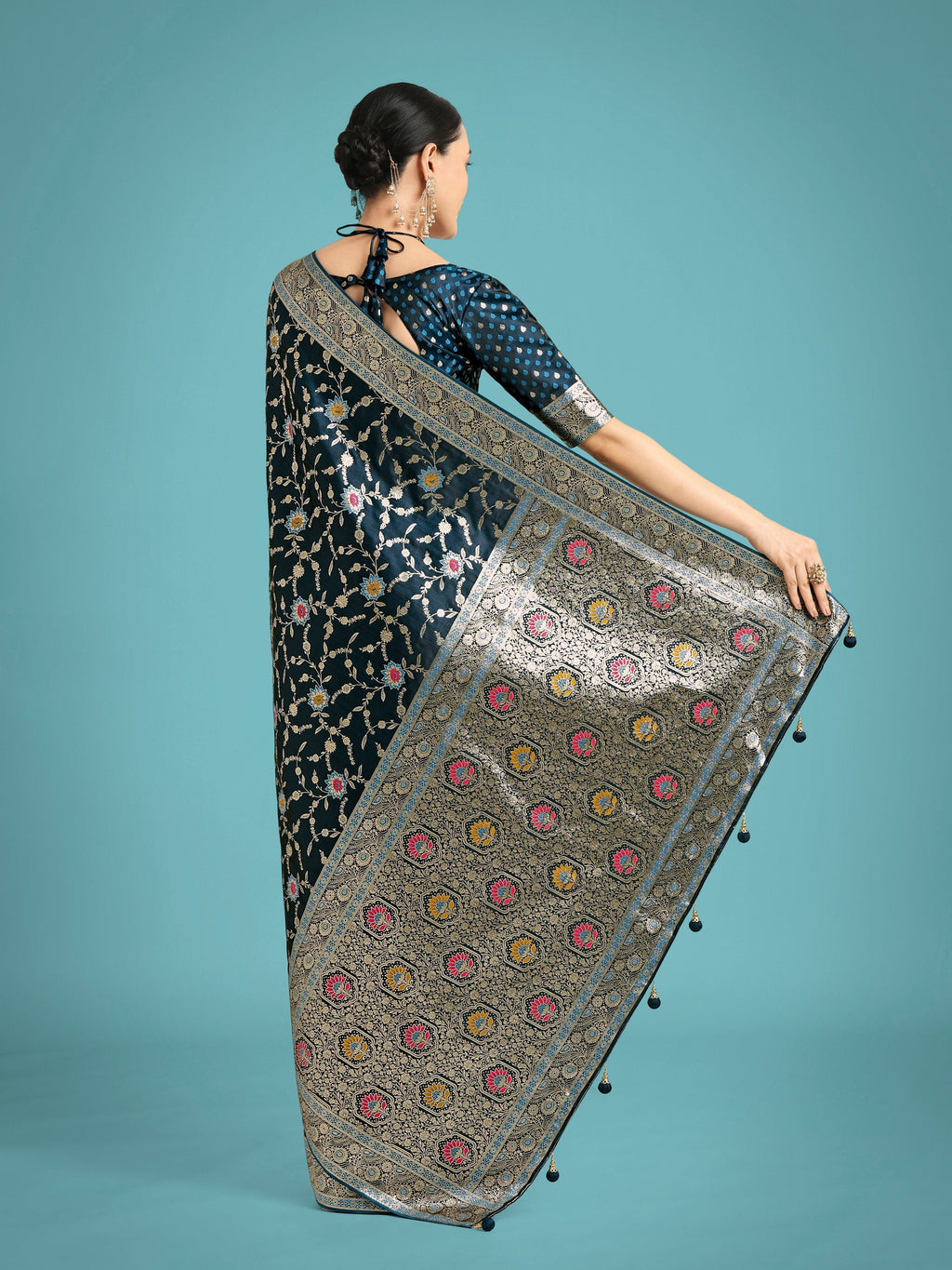 Monjolika Fashion Dark Teal Zari Woven Banarasi Classic Satin Silk Saree | Grocsy
