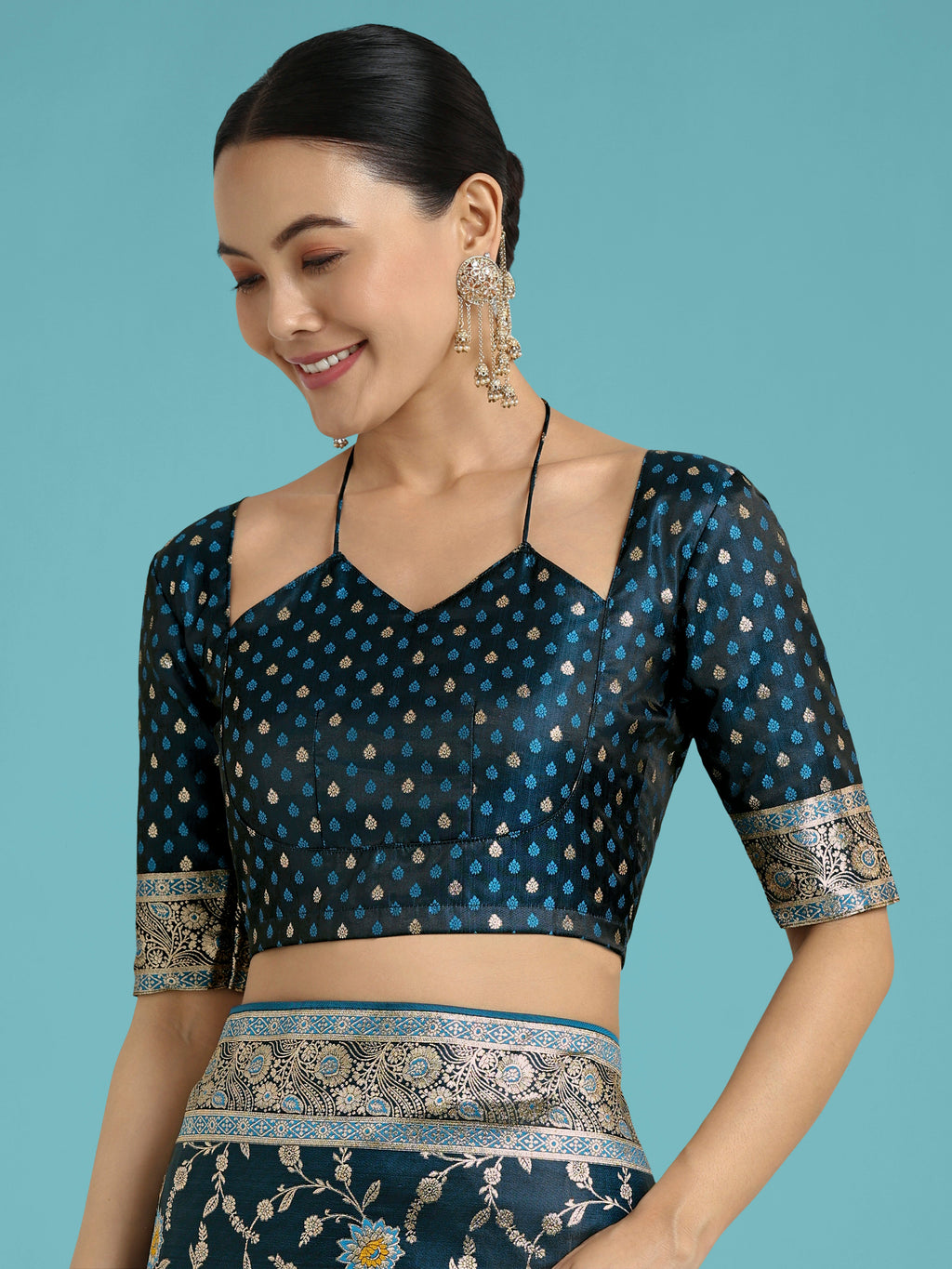 Monjolika Fashion Dark Teal Zari Woven Banarasi Classic Satin Silk Saree | Grocsy