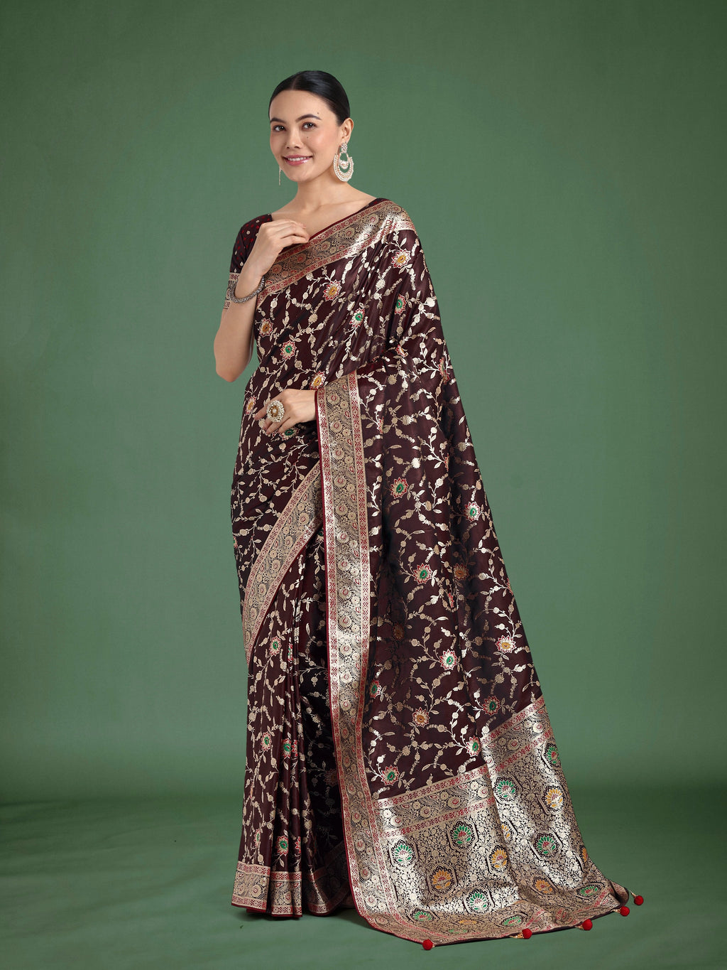 Monjolika Fashion Maroon Zari Woven Banarasi Classic Satin Silk Saree | Grocsy