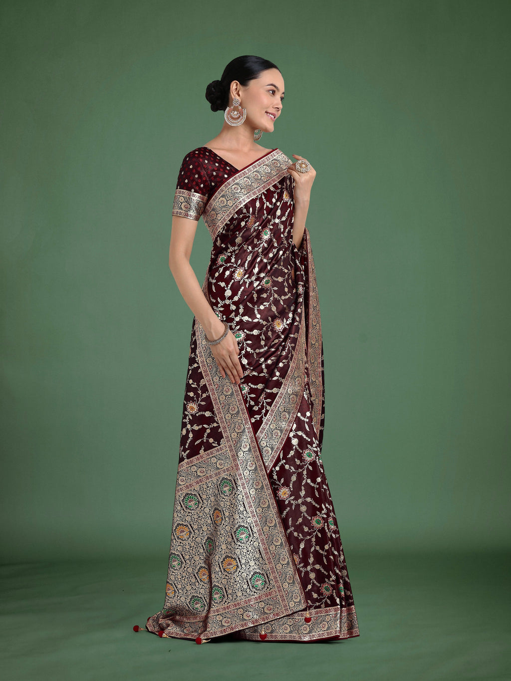 Monjolika Fashion Maroon Zari Woven Banarasi Classic Satin Silk Saree | Grocsy