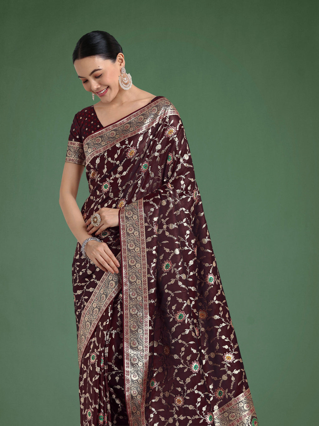 Monjolika Fashion Maroon Zari Woven Banarasi Classic Satin Silk Saree | Grocsy