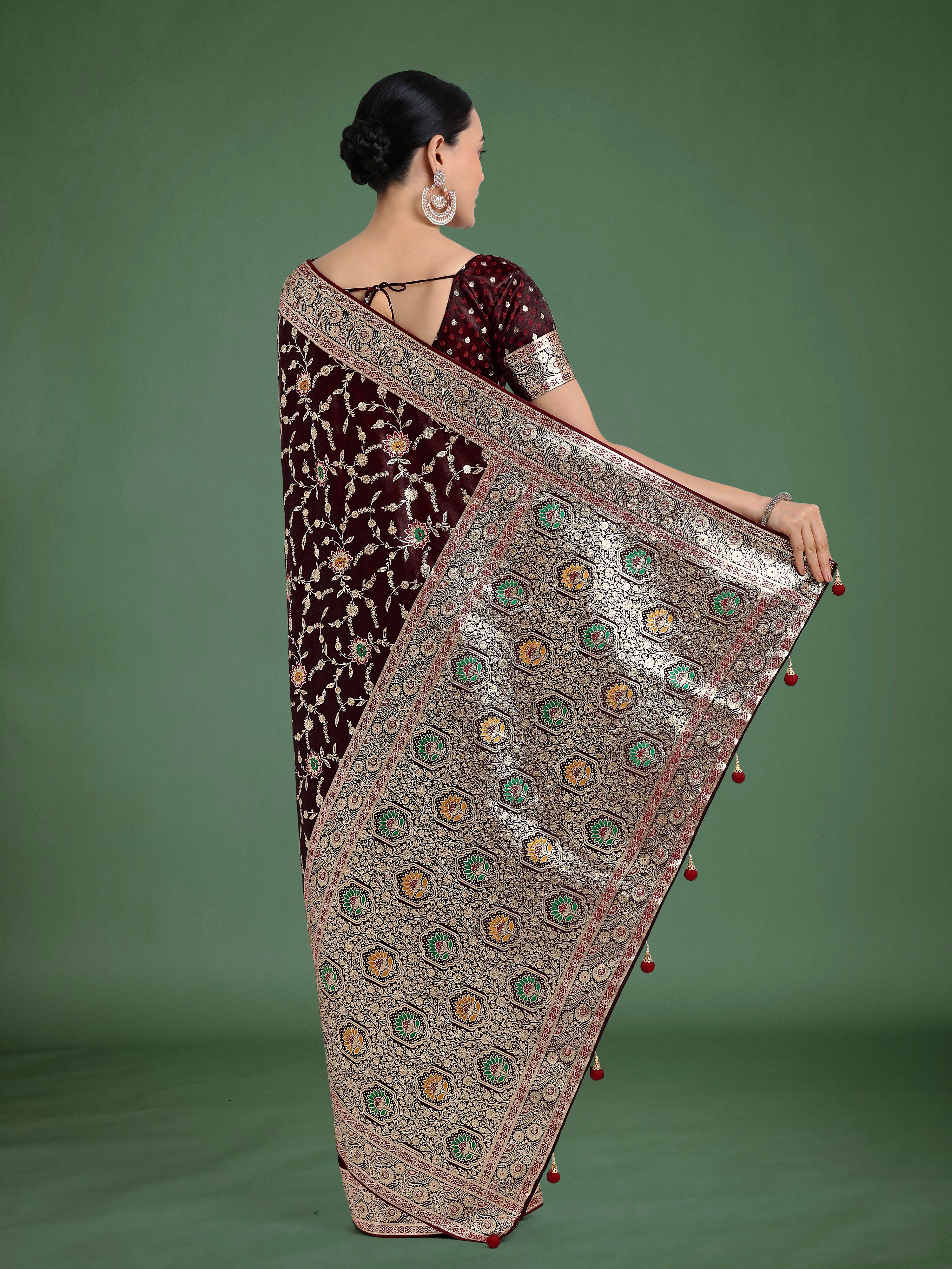 Monjolika Fashion Maroon Zari Woven Banarasi Classic Satin Silk Saree | Grocsy