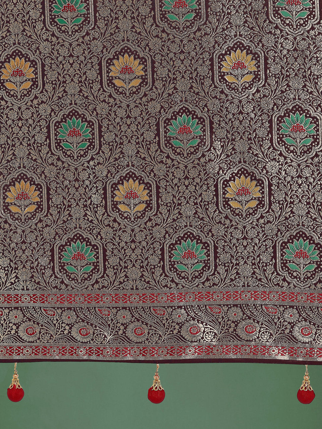 Monjolika Fashion Maroon Zari Woven Banarasi Classic Satin Silk Saree | Grocsy