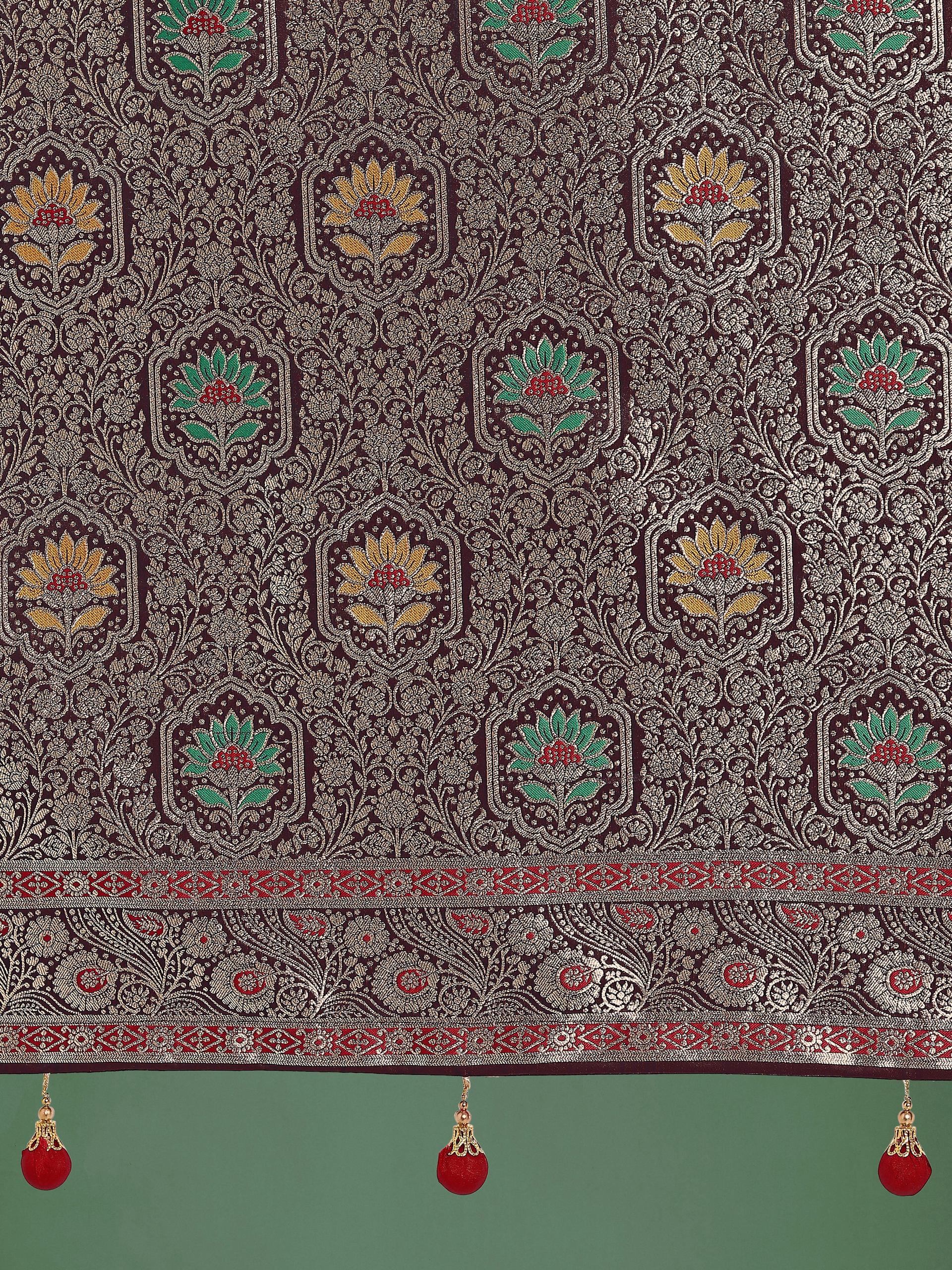 Monjolika Fashion Maroon Zari Woven Banarasi Classic Satin Silk Saree | Grocsy