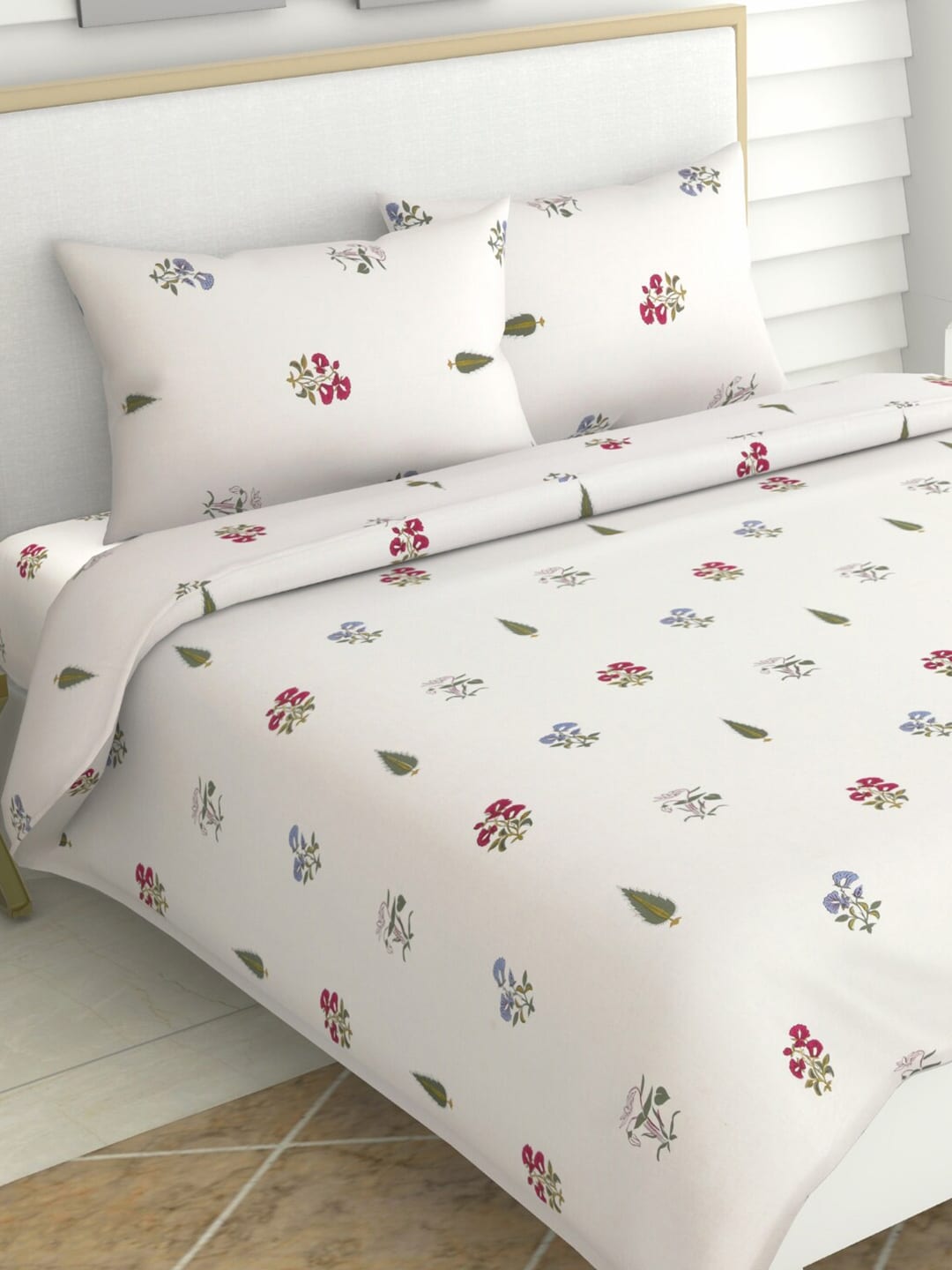 haus & kinder Floral Motifs White & Green 186 TC Cotton Queen Bedsheet & 2 Pillow Covers | Grocsy