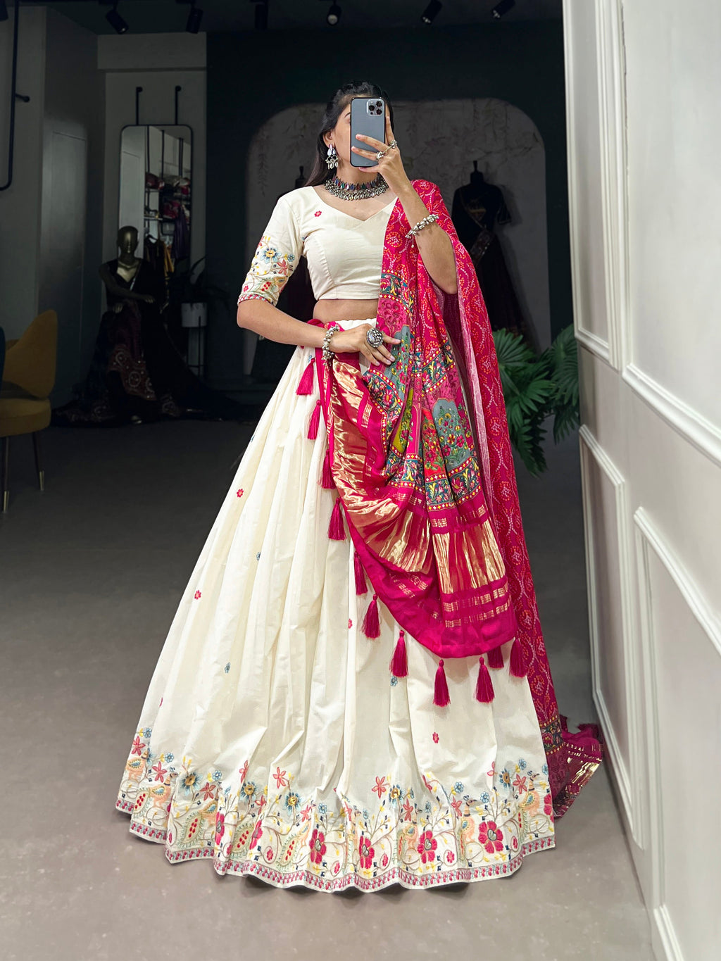Lorenvalley Off White Khadi cotton Sequins And Thread Embroidery Work Lehenga Choli | Grocsy