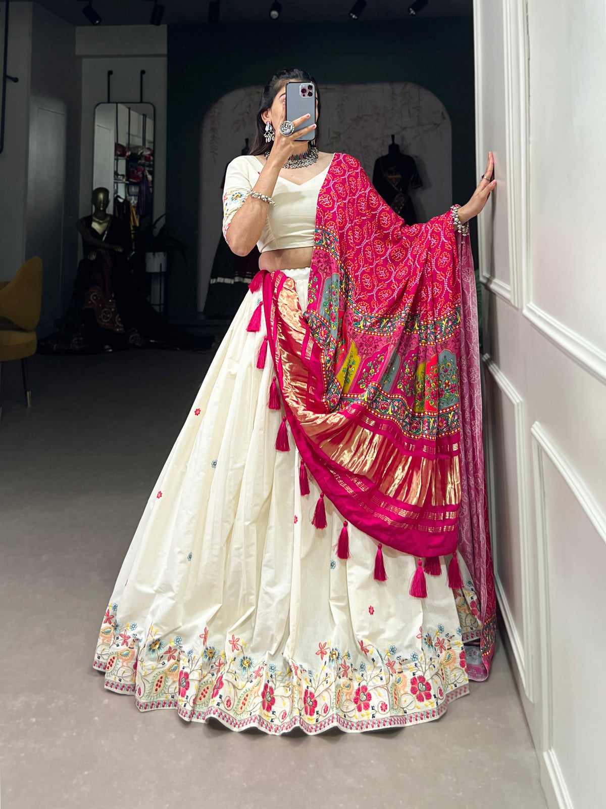Lorenvalley Off White Khadi cotton Sequins And Thread Embroidery Work Lehenga Choli | Grocsy