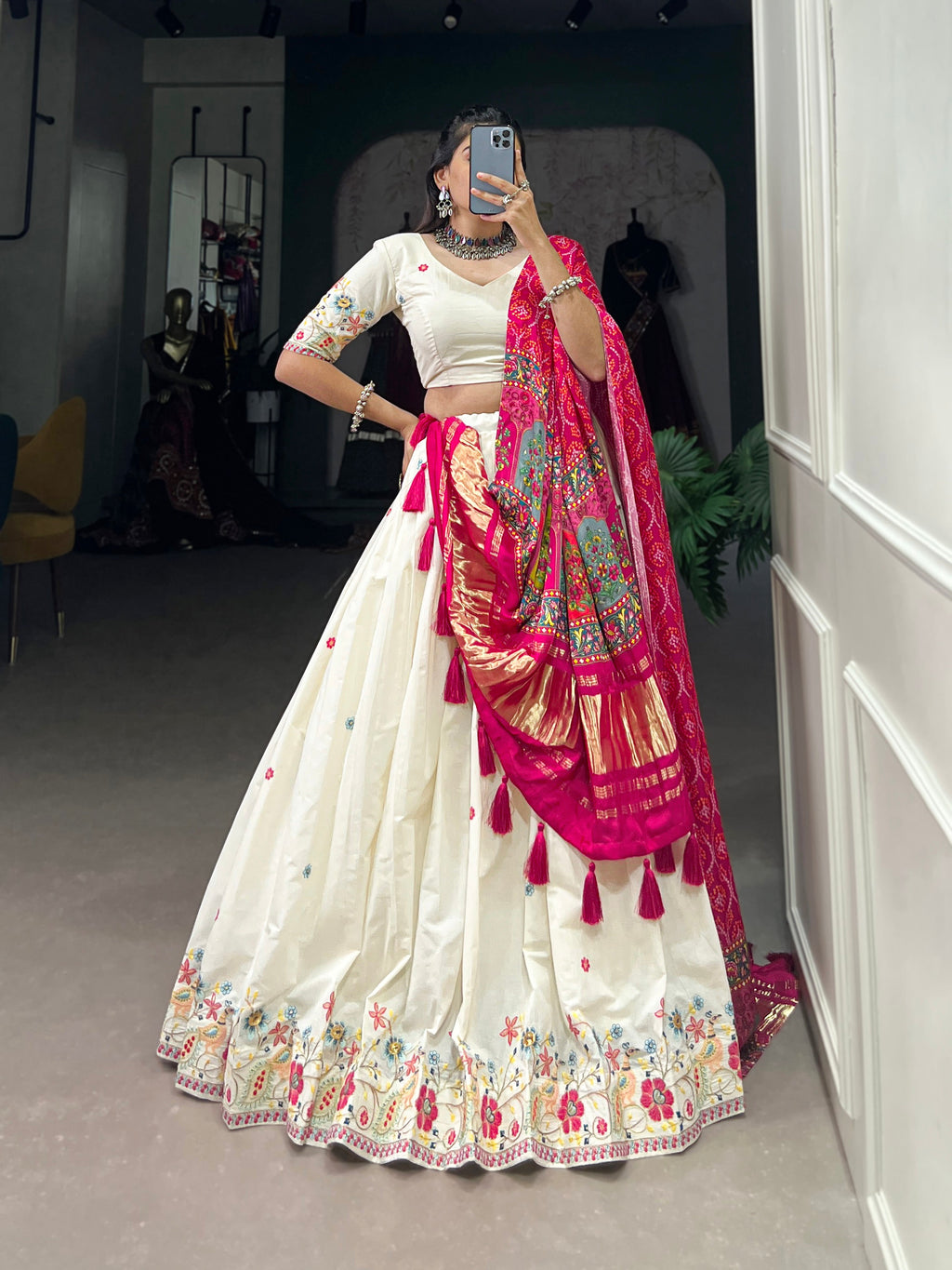Lorenvalley Off White Khadi cotton Sequins And Thread Embroidery Work Lehenga Choli | Grocsy