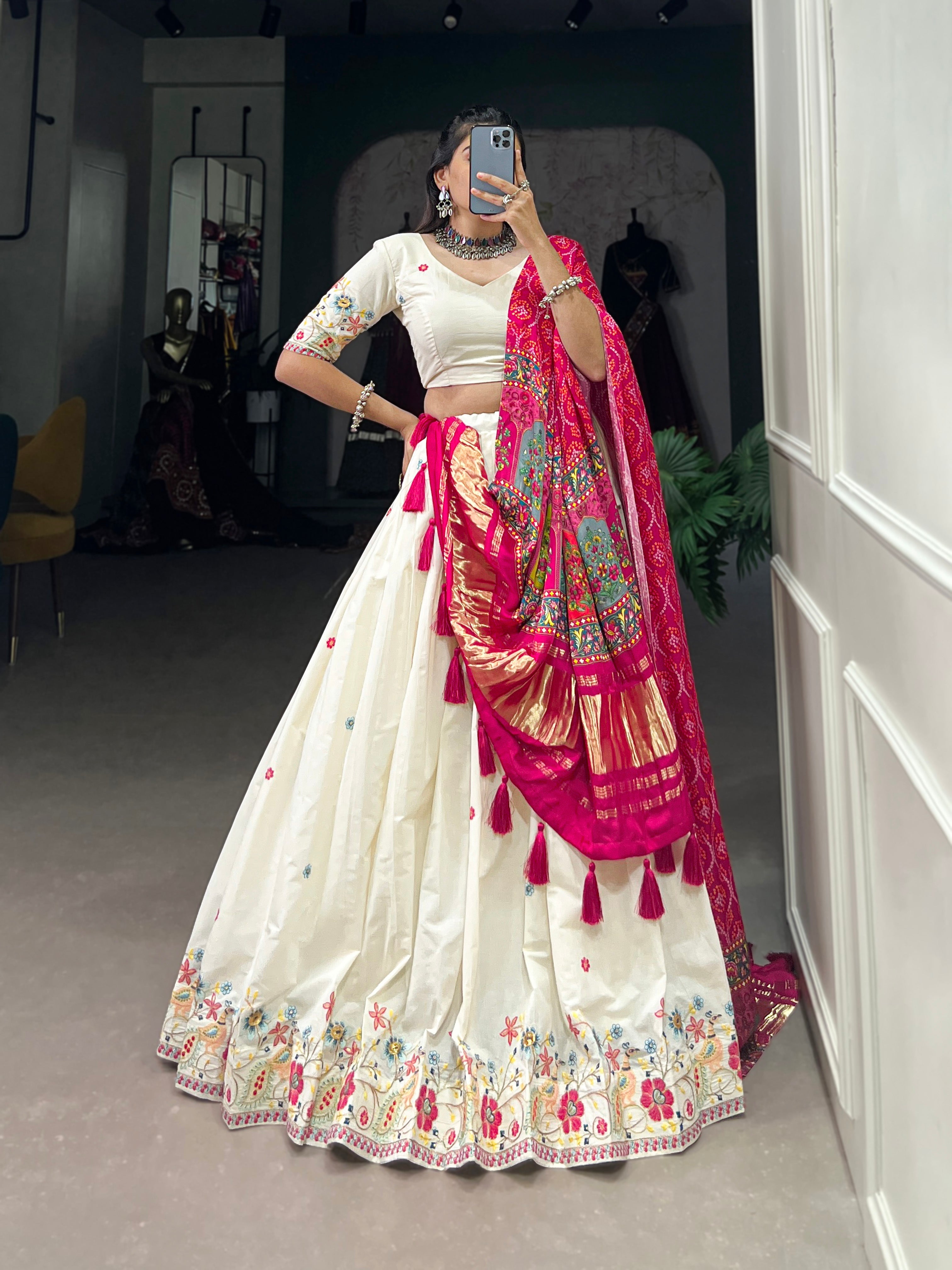 Lorenvalley Off White Khadi cotton Sequins And Thread Embroidery Work Lehenga Choli | Grocsy