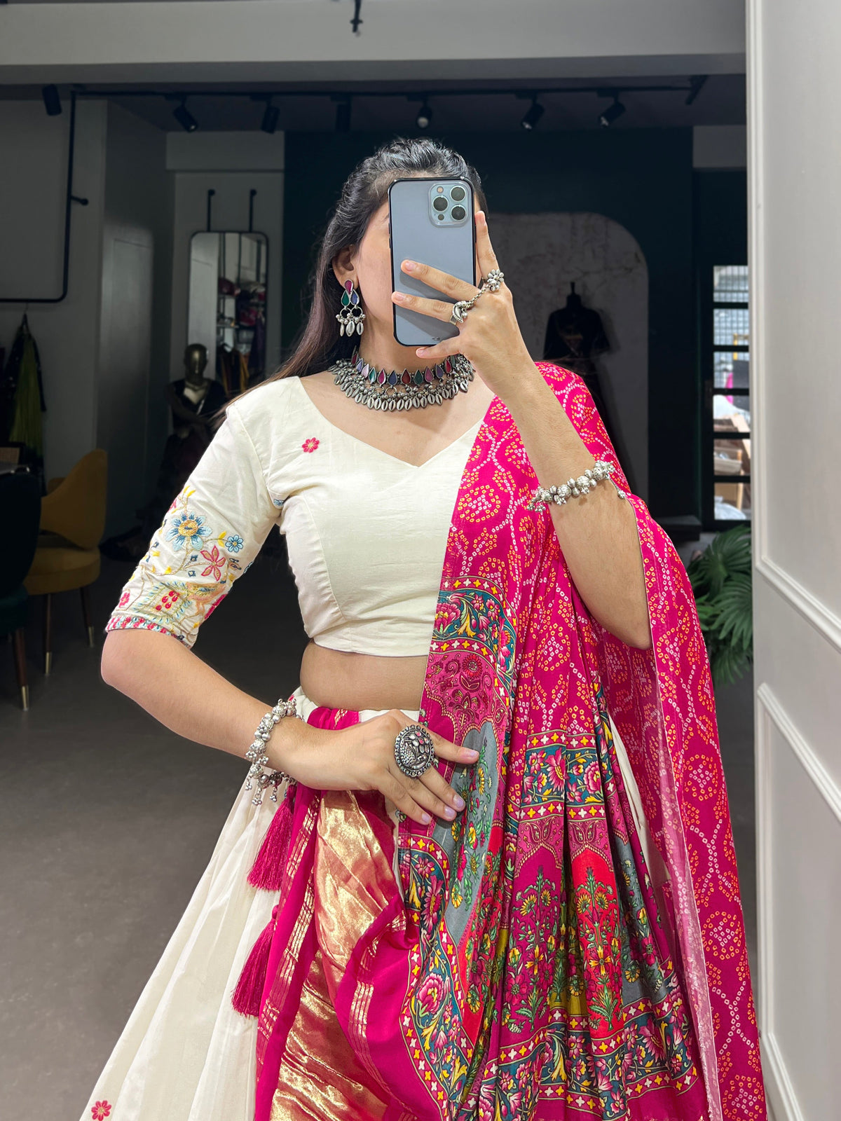 Lorenvalley Off White Khadi cotton Sequins And Thread Embroidery Work Lehenga Choli | Grocsy