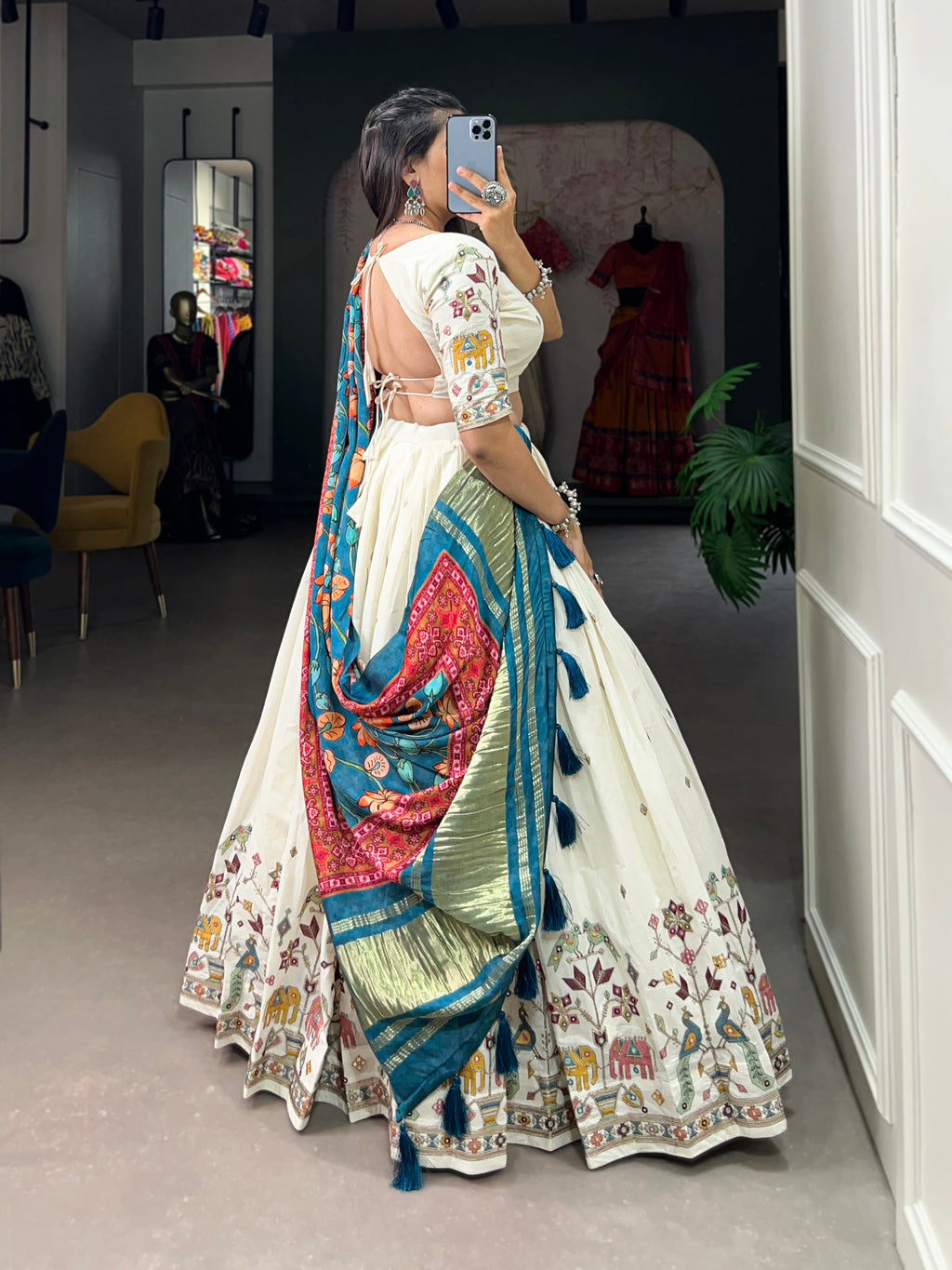 Lorenvalley Off White Khadi cotton Sequins And Thread Embroidery Work Lehenga Choli | Grocsy