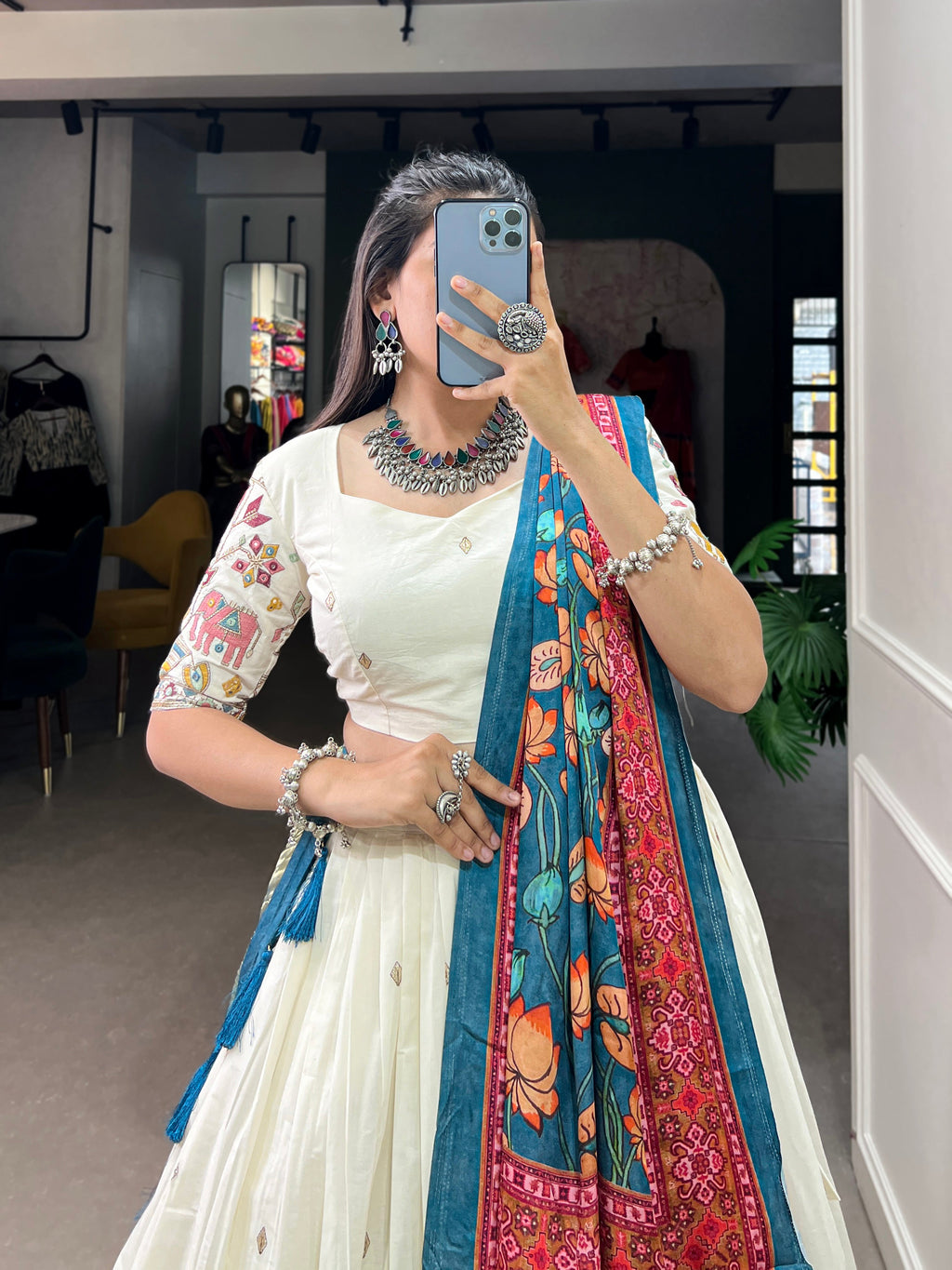Lorenvalley Off White Khadi cotton Sequins And Thread Embroidery Work Lehenga Choli | Grocsy