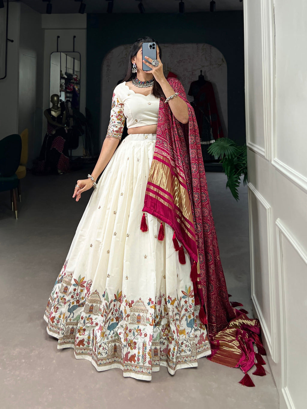 Lorenvalley Off White Khadi cotton Sequins And Thread Embroidery Work Lehenga Choli | Grocsy