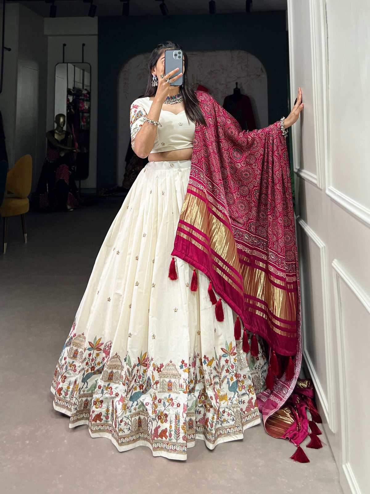 Lorenvalley Off White Khadi cotton Sequins And Thread Embroidery Work Lehenga Choli | Grocsy